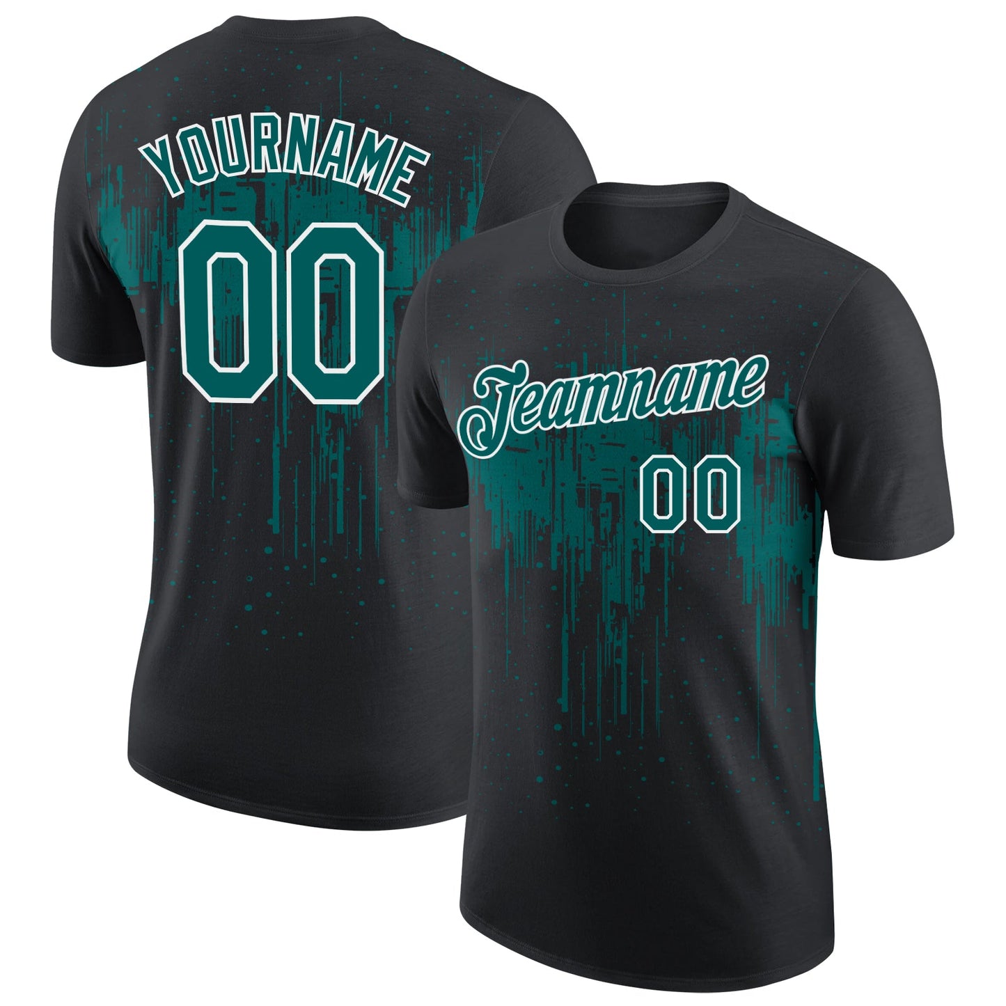 Custom Black Teal-White Dripping Splatter Paint Performance T-Shirt - Main View