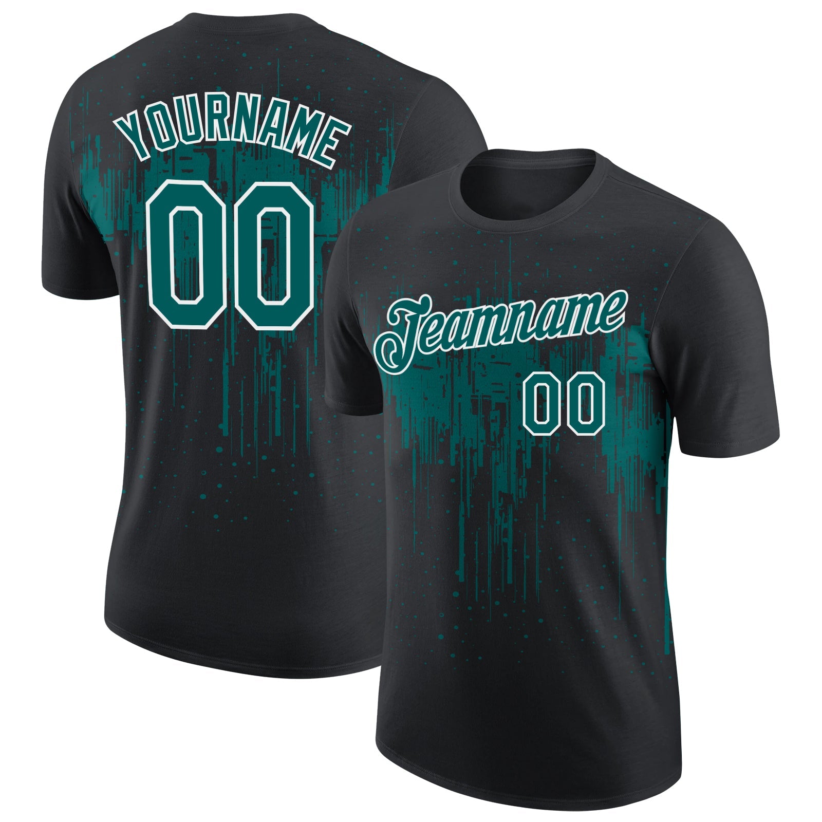 Custom Black Teal-White Dripping Splatter Paint Performance T-Shirt - Main View