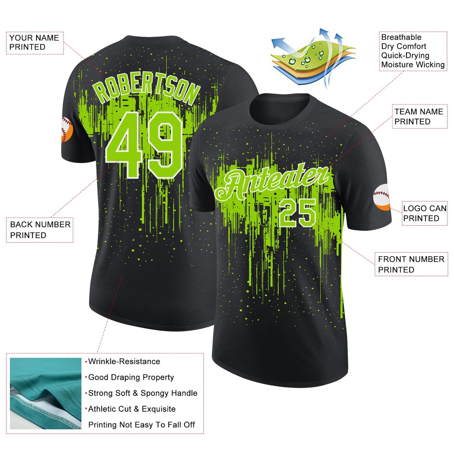 Custom Black Neon Green-White Dripping Splatter Paint Performance T-Shirt view 2