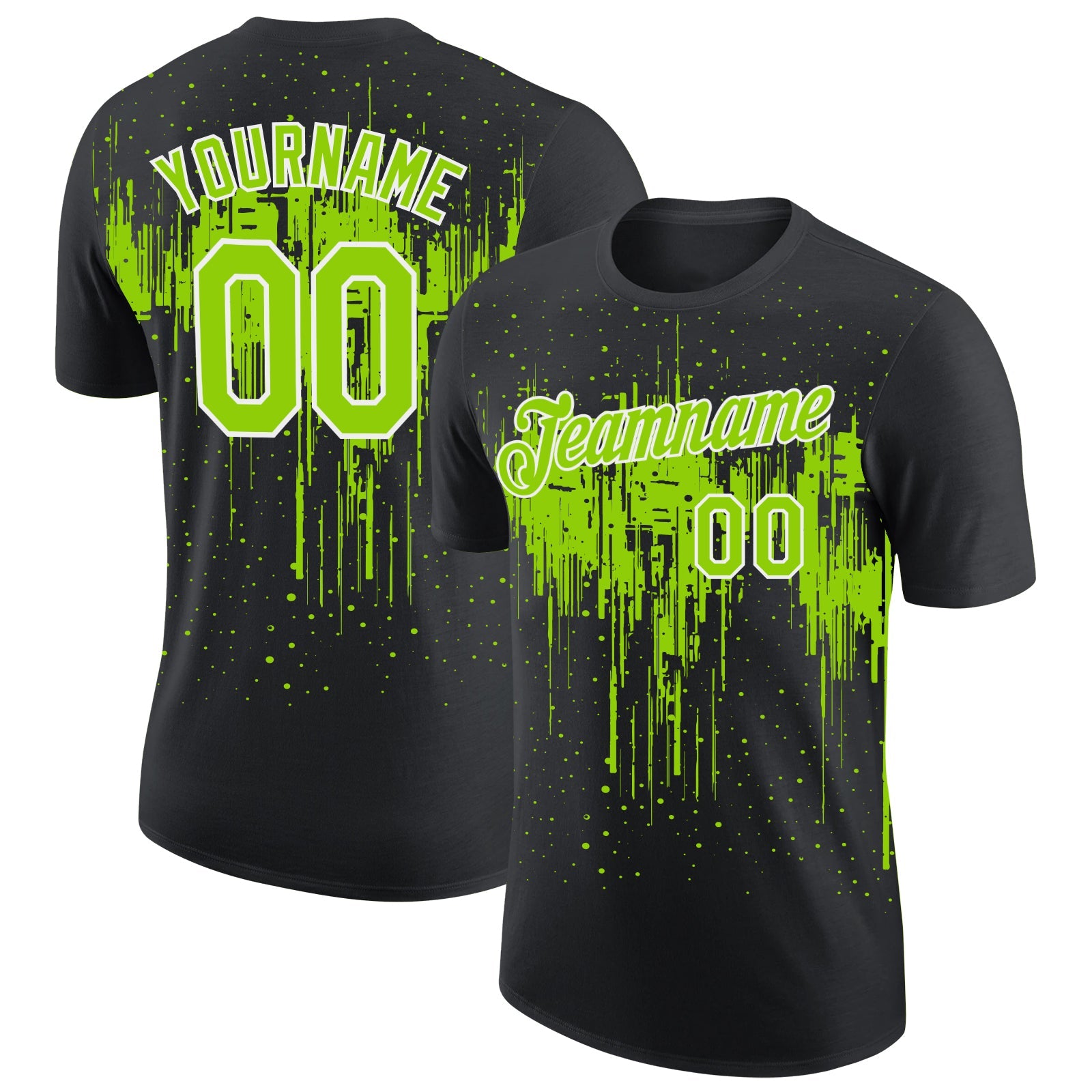 Custom Black Neon Green-White Dripping Splatter Paint Performance T-Shirt - Main View