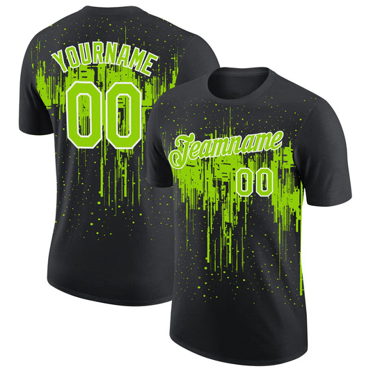 Custom Black Neon Green-White Dripping Splatter Paint Performance T-Shirt - Main View