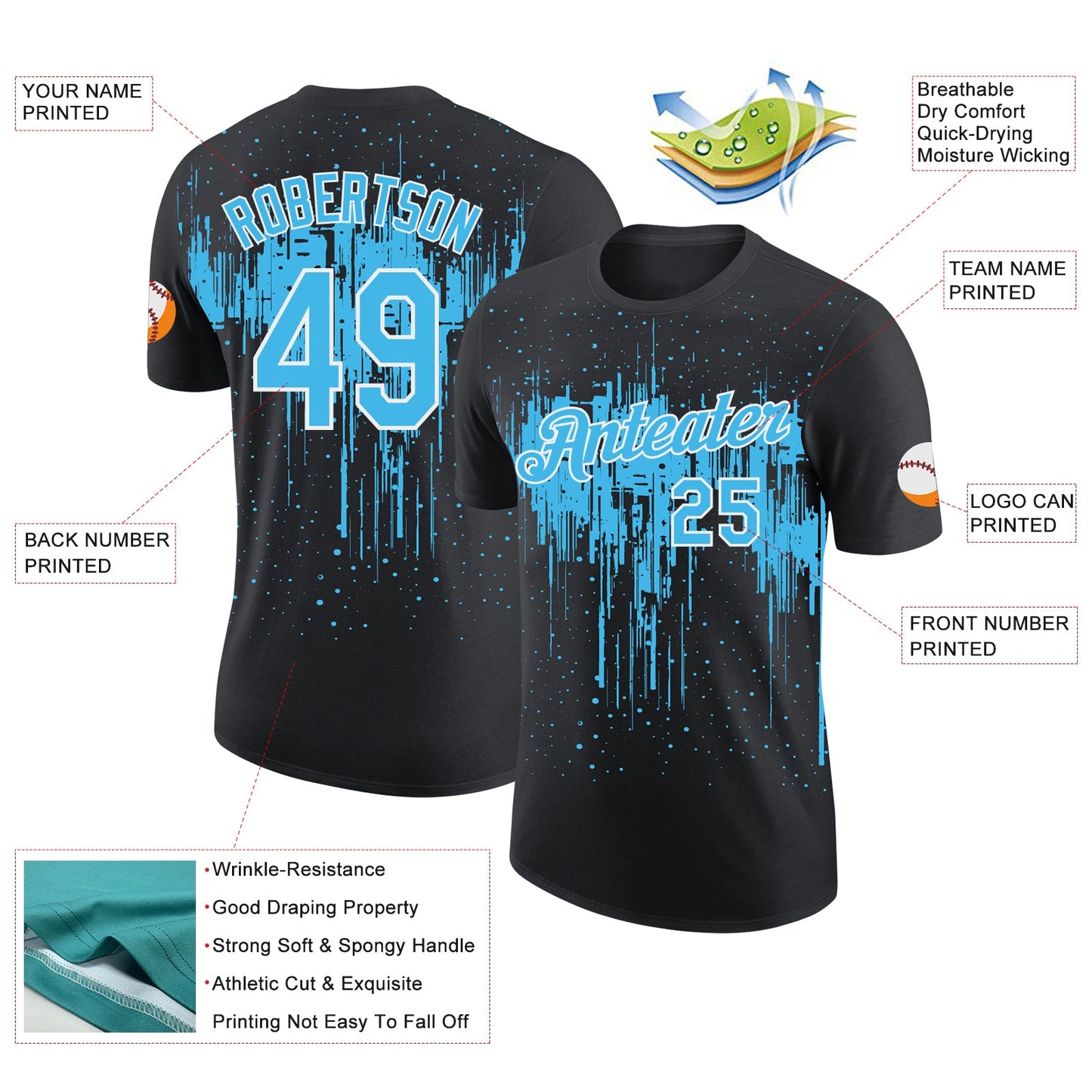 Custom Black Sky Blue-White Dripping Splatter Paint Performance T-Shirt view 2