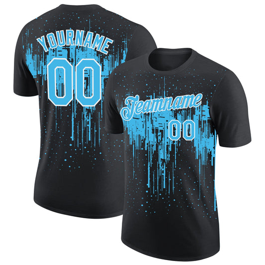 Custom Black Sky Blue-White Dripping Splatter Paint Performance T-Shirt - Main View
