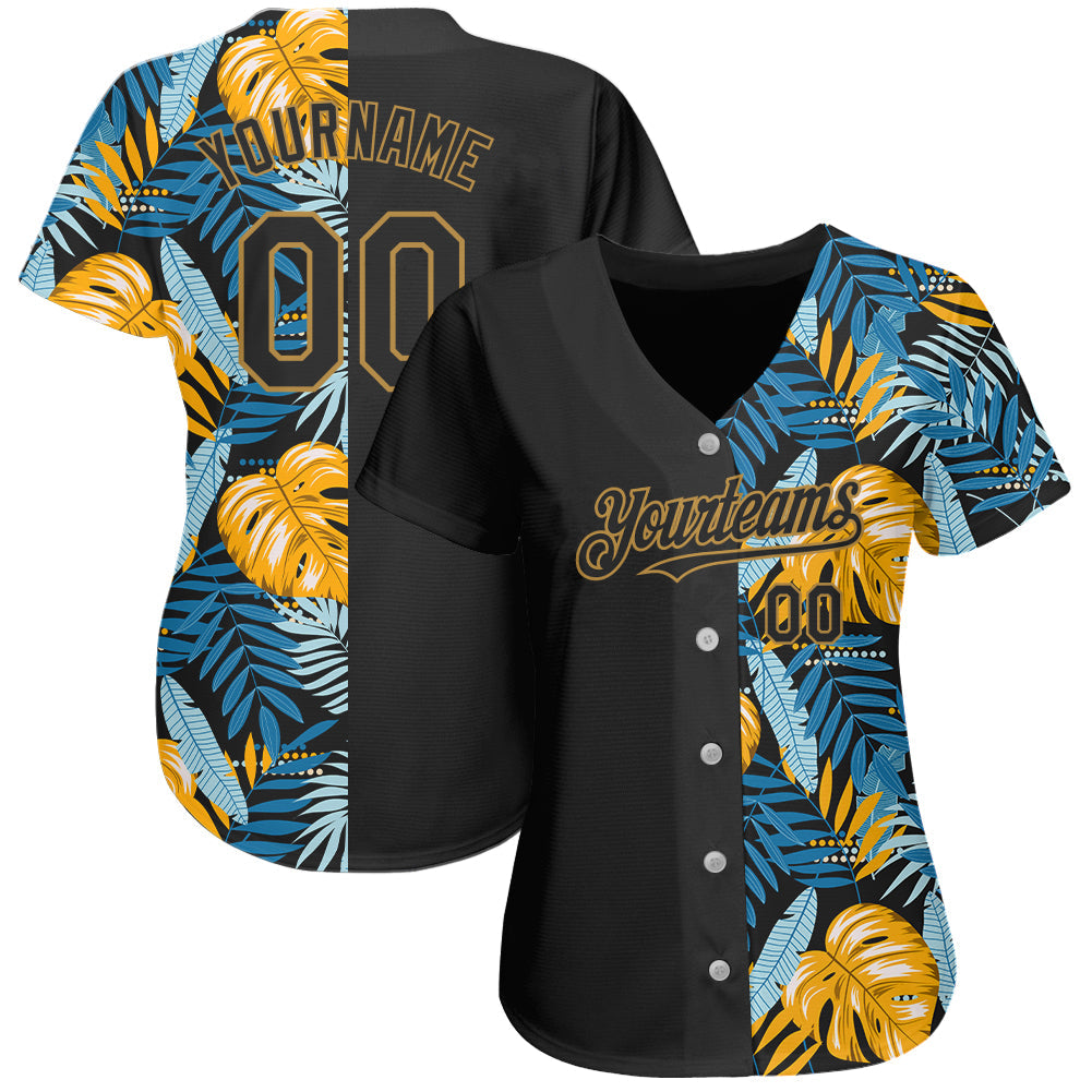 Custom Black Old Gold 3D Pattern Design Hawaii Tropical Leaves Authentic Baseball Jersey view 2