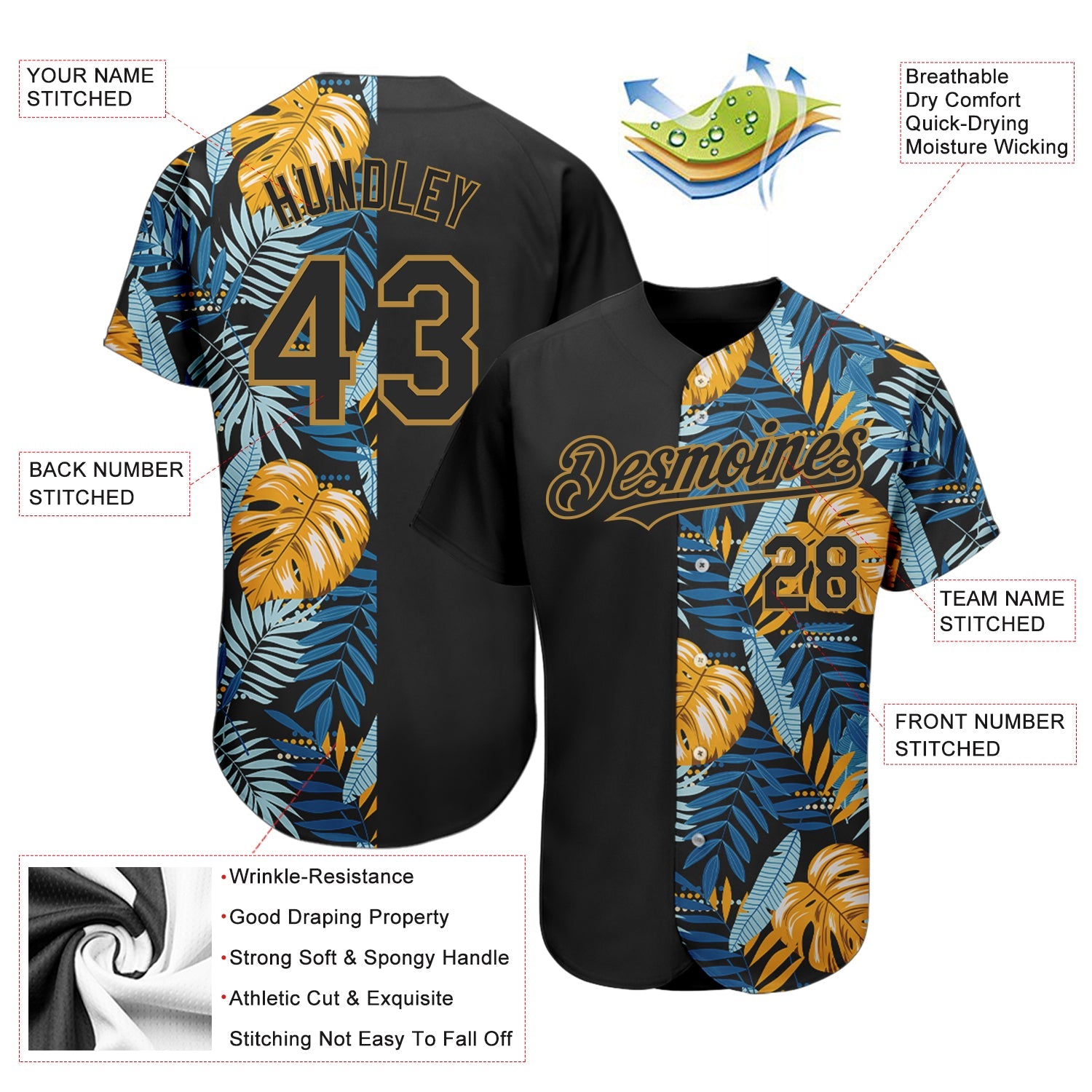 Custom Black Old Gold 3D Pattern Design Hawaii Tropical Leaves Authentic Baseball Jersey view 3
