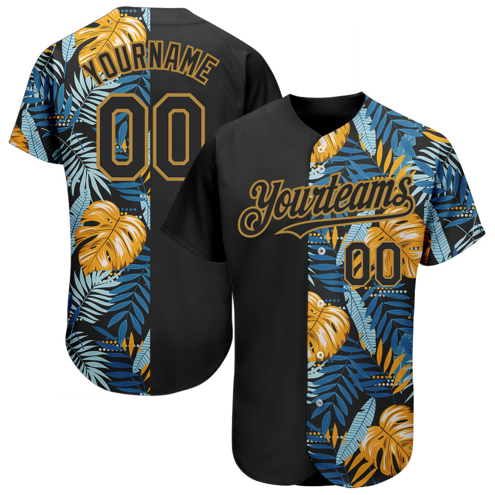 Custom Black Old Gold 3D Pattern Design Hawaii Tropical Leaves Authentic Baseball Jersey - Main View