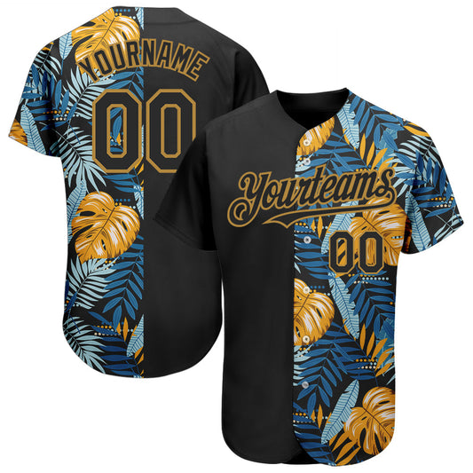 Custom Black Old Gold 3D Pattern Design Hawaii Tropical Leaves Authentic Baseball Jersey - Main View