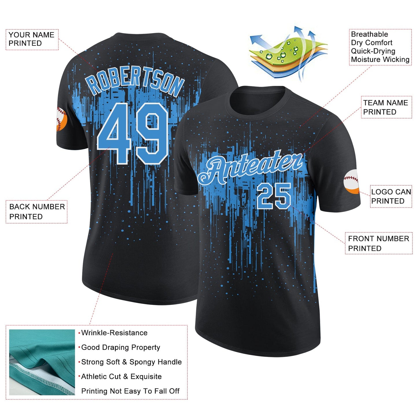 Custom Black Powder Blue-White Dripping Splatter Paint Performance T-Shirt view 2