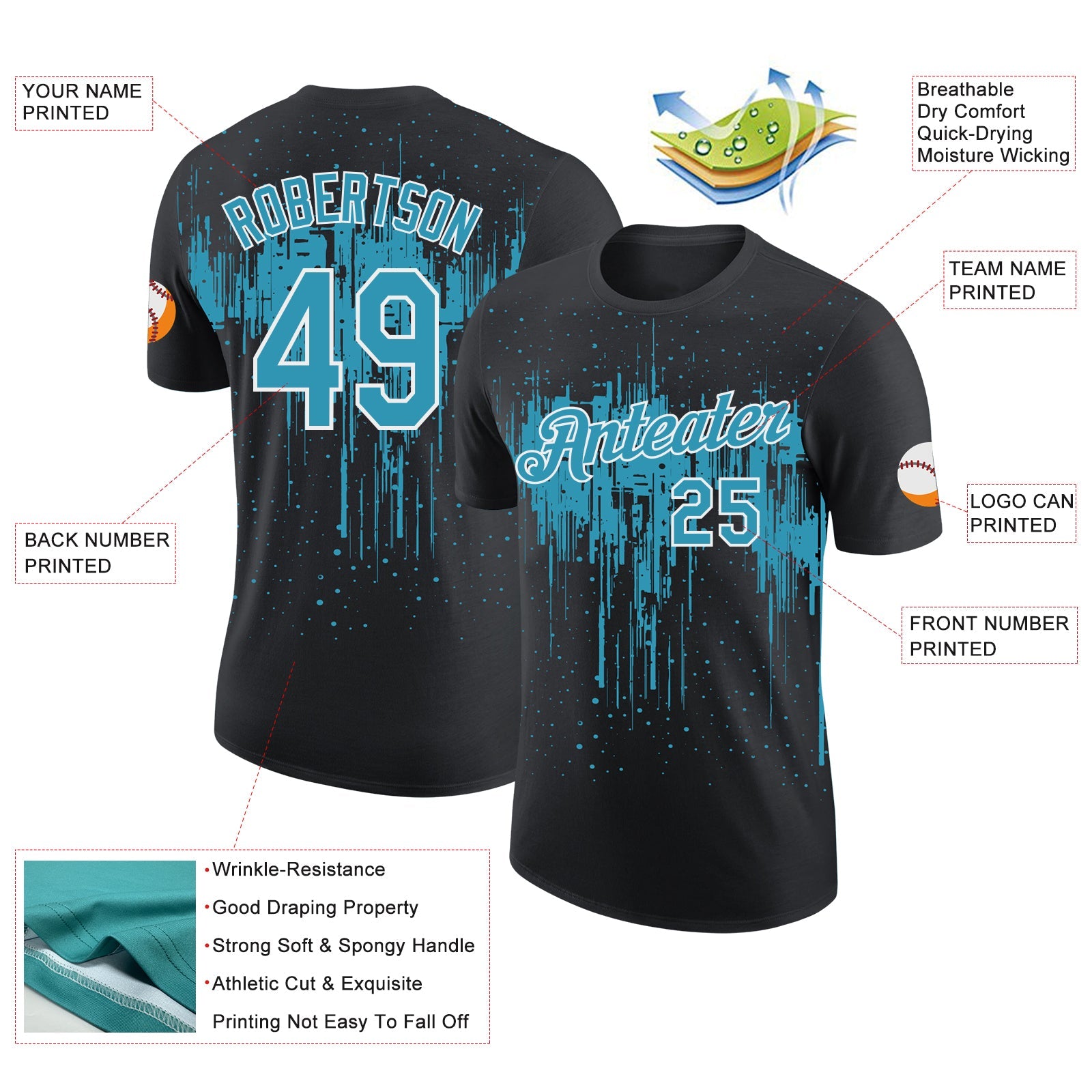 Custom Black Panther Blue-White Dripping Splatter Paint Performance T-Shirt view 2