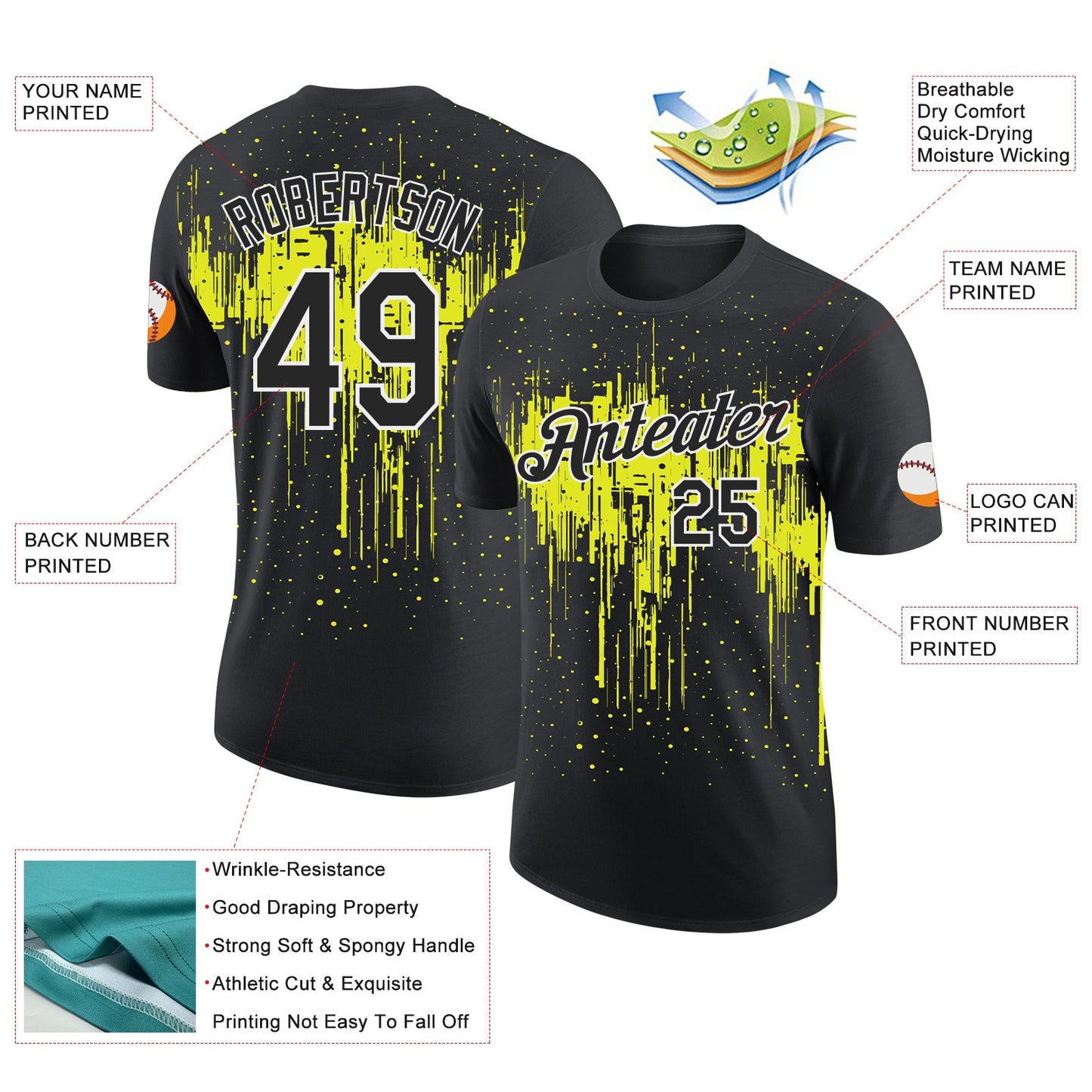 Custom Black Neon Yellow-White Dripping Splatter Paint Performance T-Shirt view 2