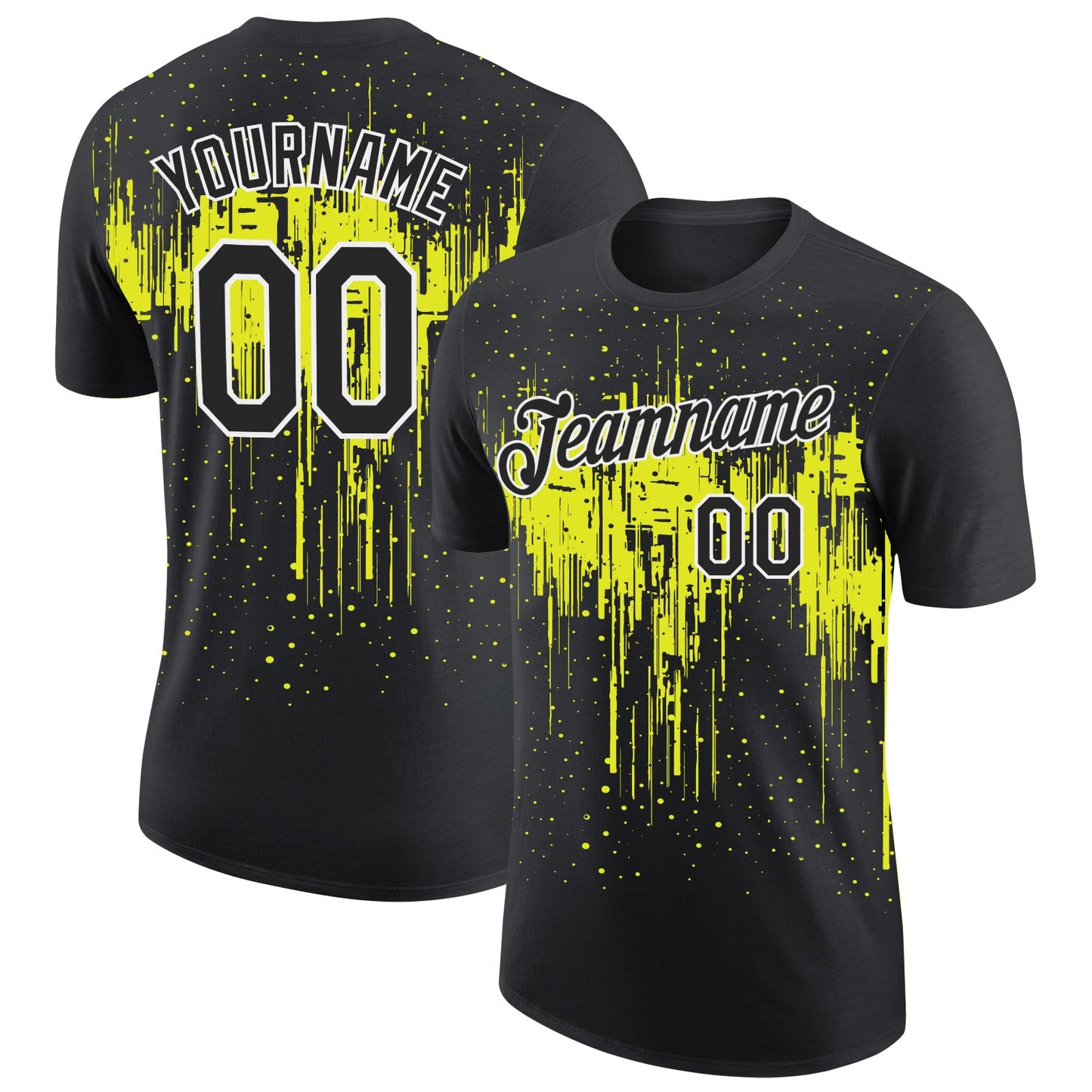 Custom Black Neon Yellow-White Dripping Splatter Paint Performance T-Shirt - Main View