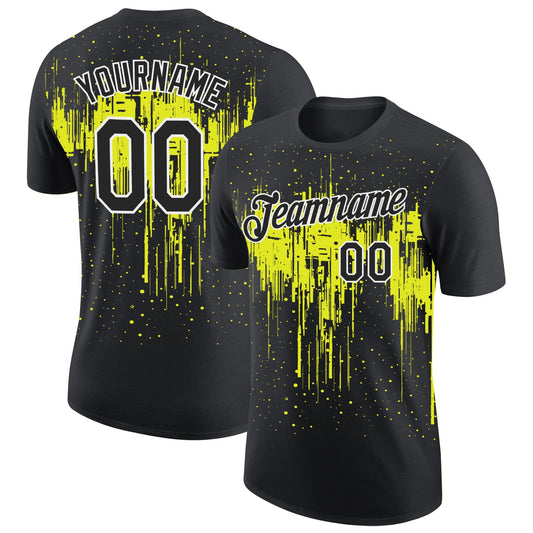 Custom Black Neon Yellow-White Dripping Splatter Paint Performance T-Shirt - Main View