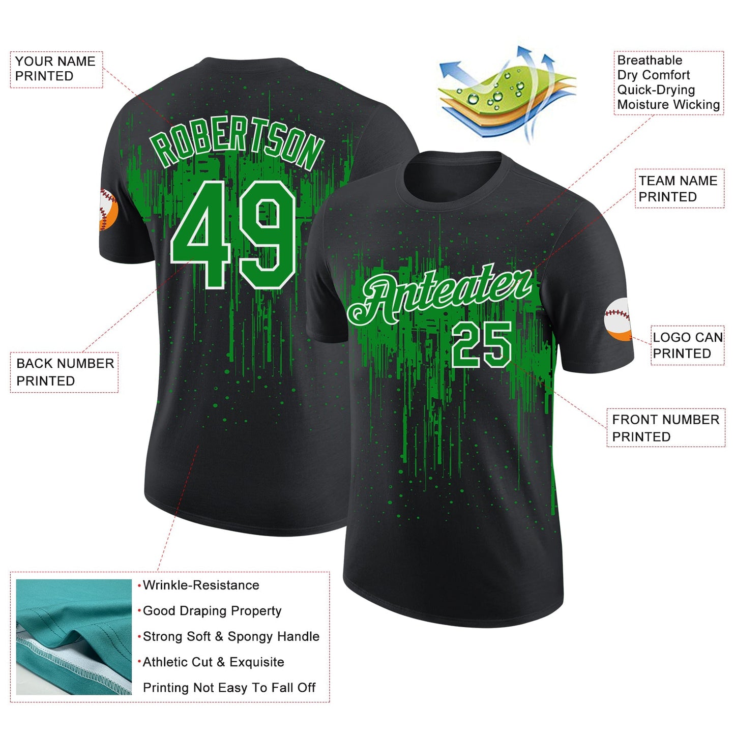 Custom Black Grass Green-White Dripping Splatter Paint Performance T-Shirt view 2