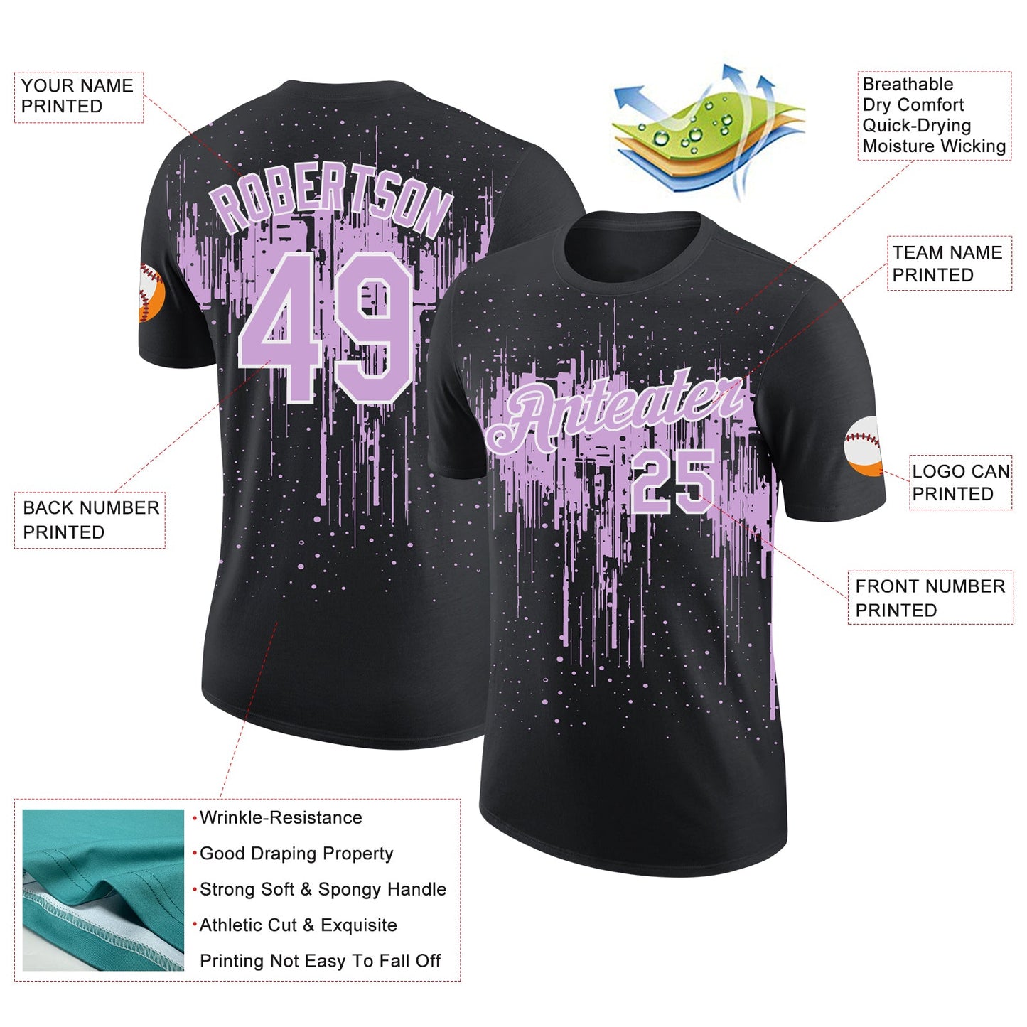 Custom Black Light Purple-White Dripping Splatter Paint Performance T-Shirt view 2