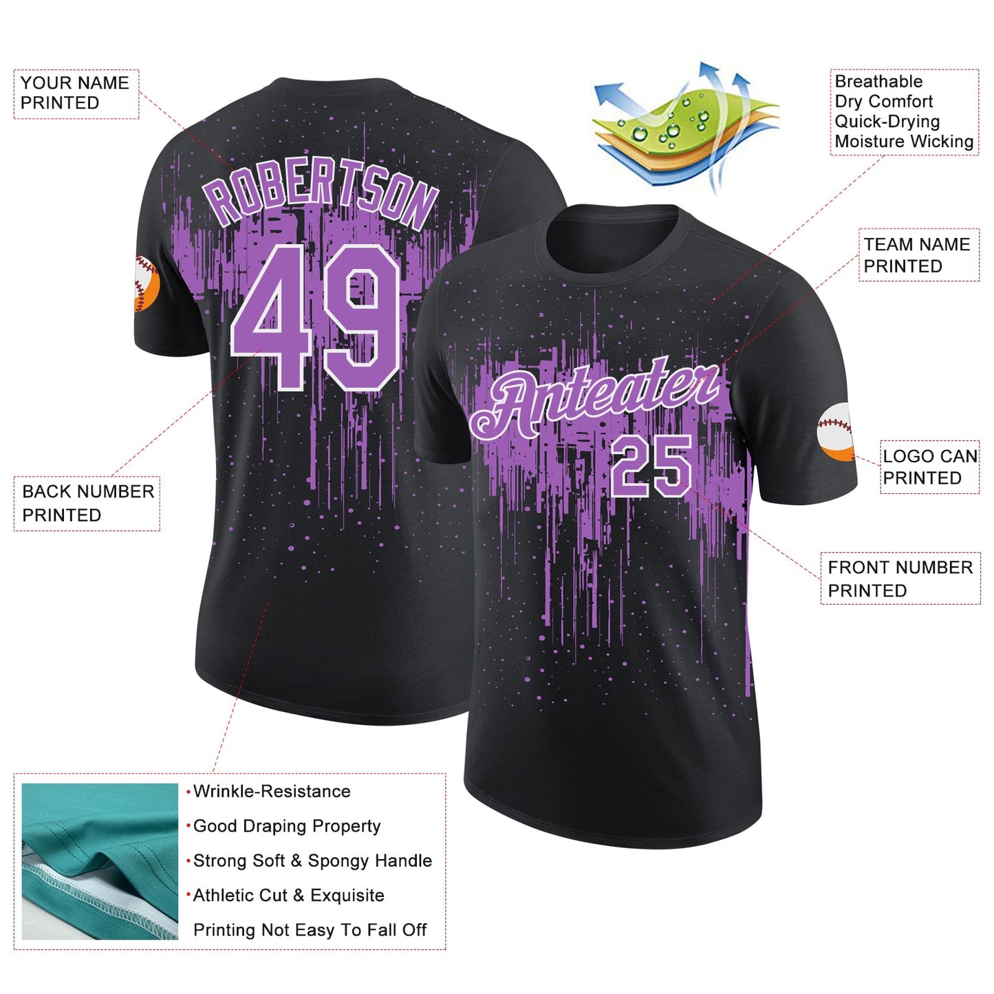 Custom Black Medium Purple-White Dripping Splatter Paint Performance T-Shirt view 2