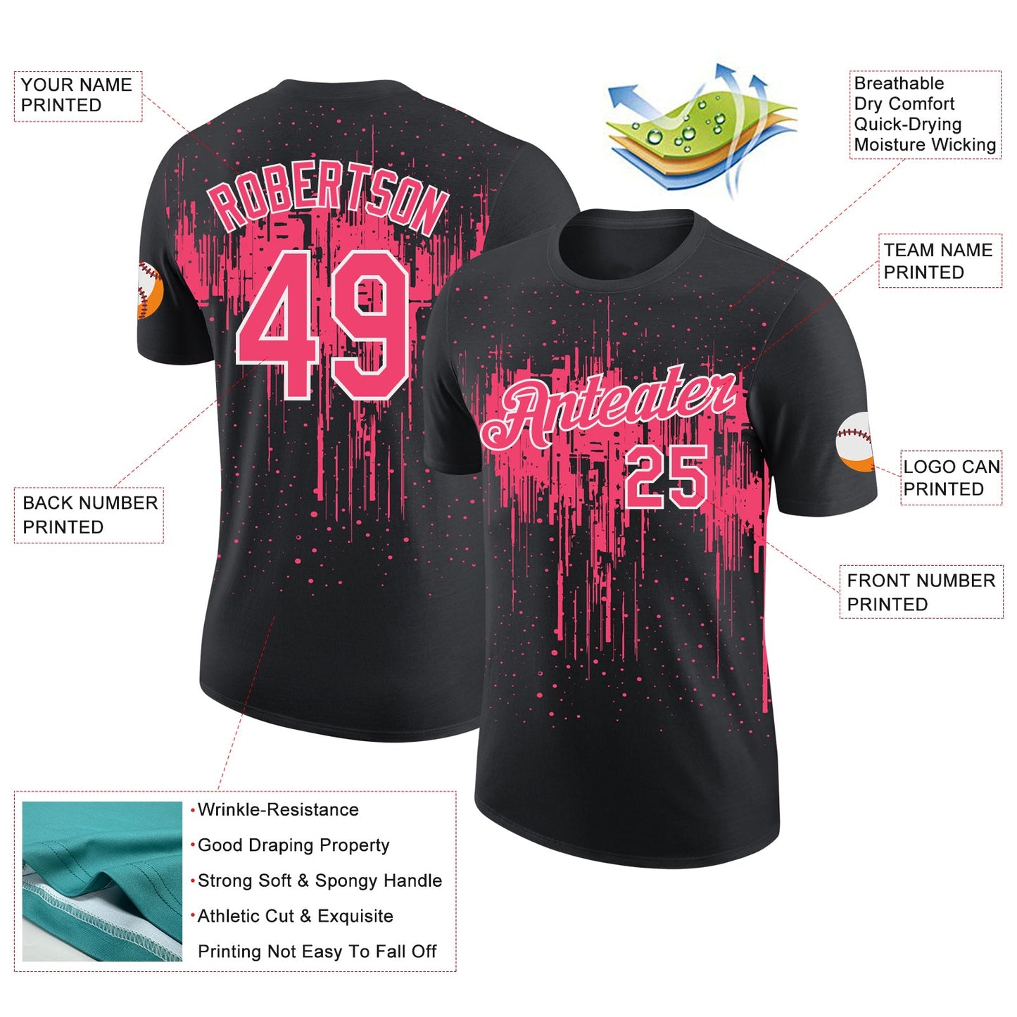 Custom Black Neon Pink-White Dripping Splatter Paint Performance T-Shirt view 2