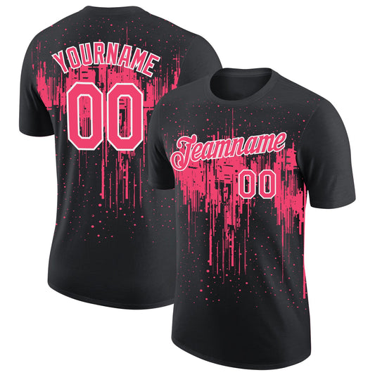 Custom Black Neon Pink-White Dripping Splatter Paint Performance T-Shirt - Main View