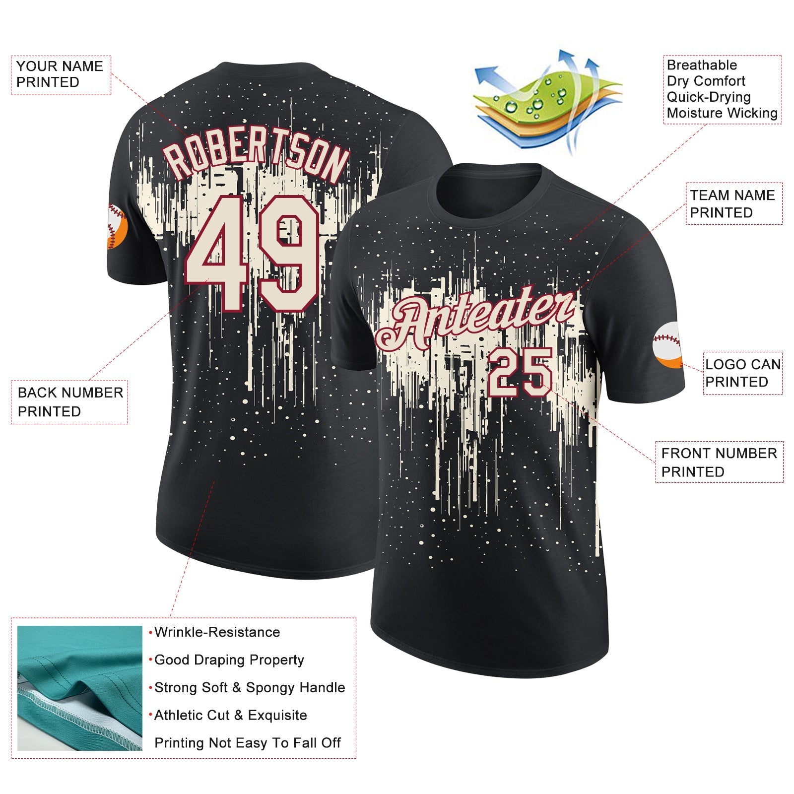 Custom Black Cream-Crimson Dripping Splatter Paint Performance T-Shirt view 2