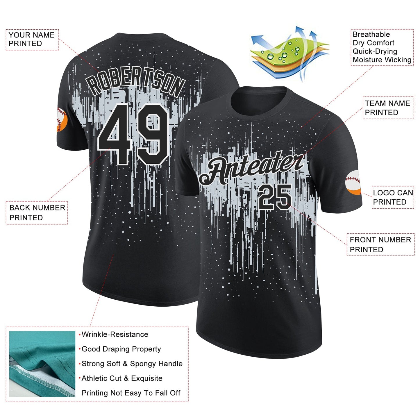 Custom Black Silver-White Dripping Splatter Paint Performance T-Shirt view 2