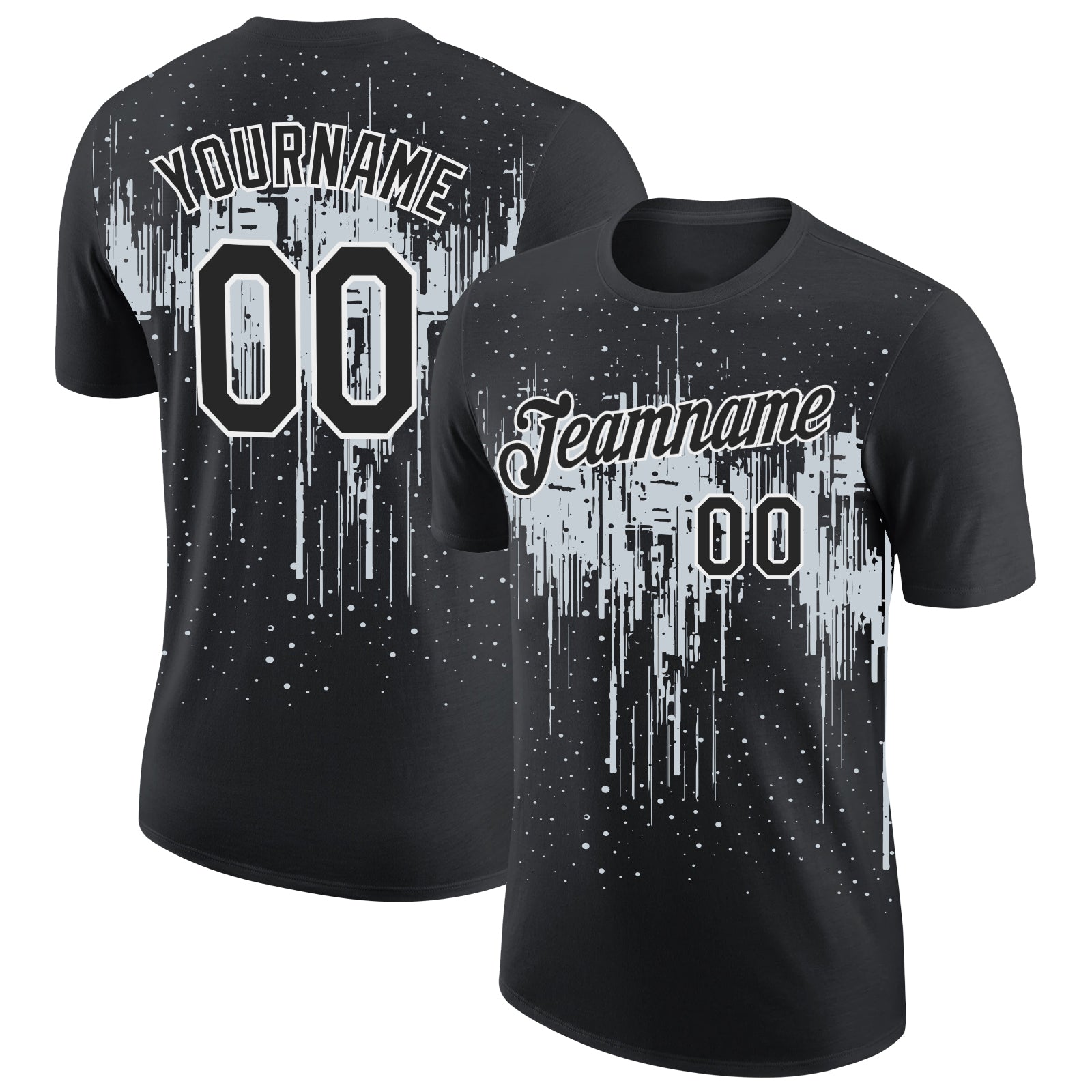 Custom Black Silver-White Dripping Splatter Paint Performance T-Shirt - Main View