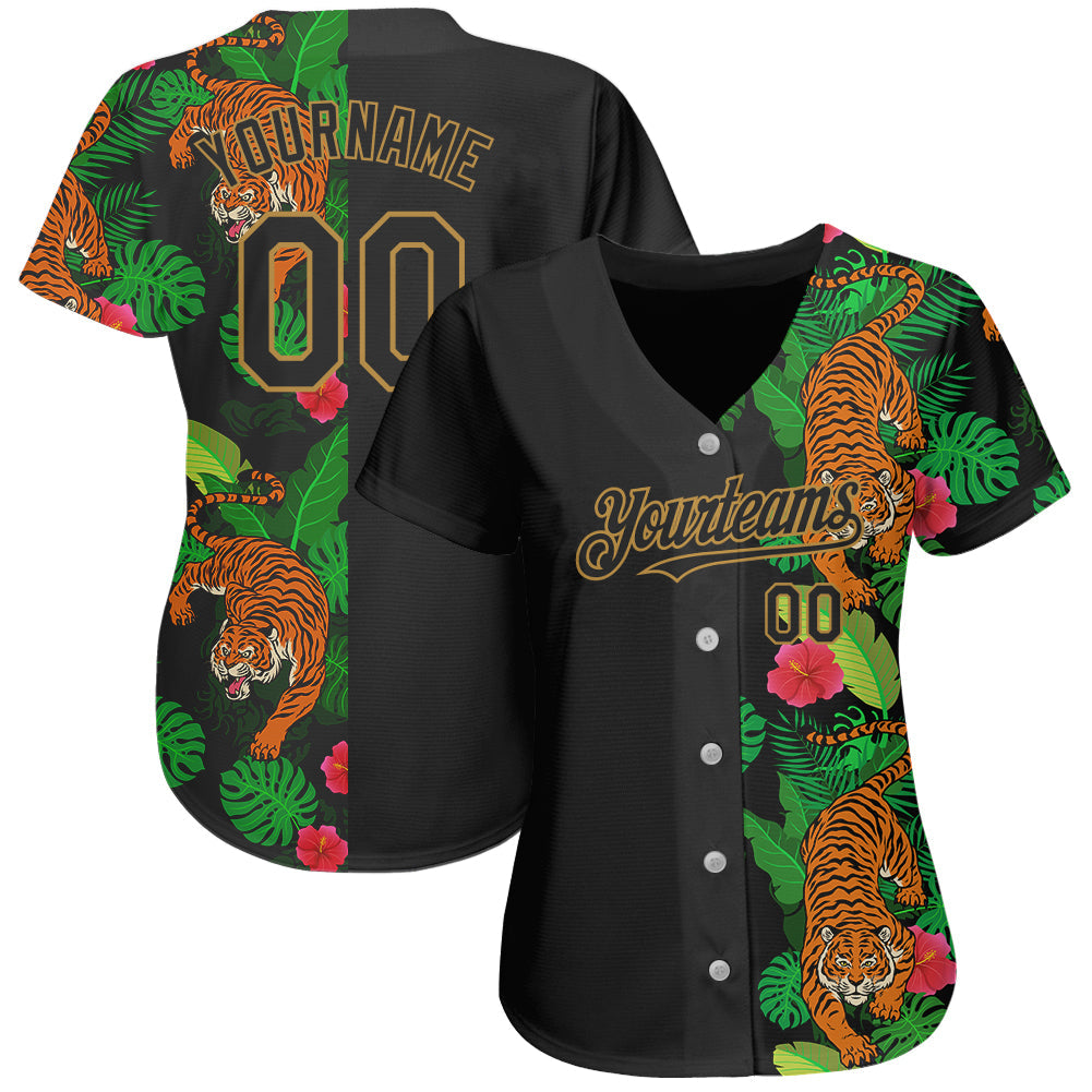 Custom Black Old Gold 3D Pattern Design Hawaii Tropical Tiger Authentic Baseball Jersey view 2