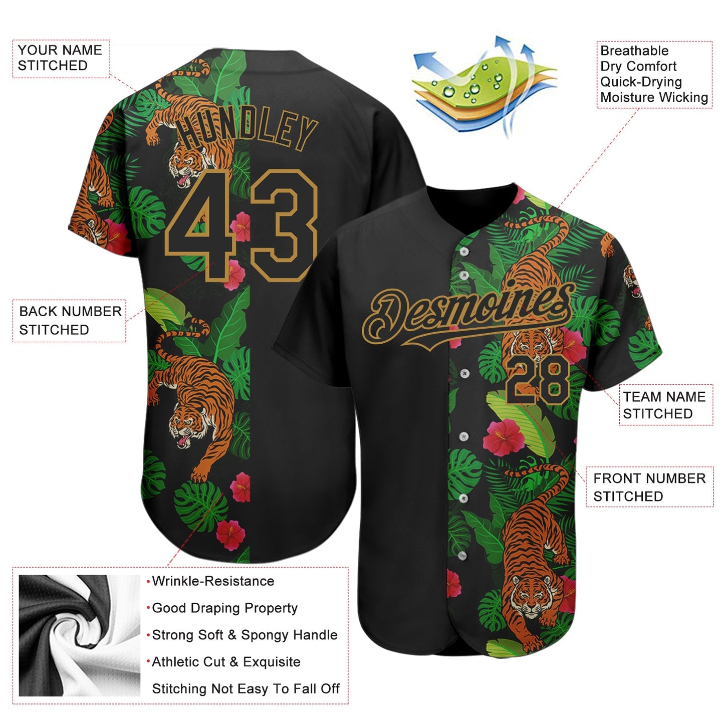 Custom Black Old Gold 3D Pattern Design Hawaii Tropical Tiger Authentic Baseball Jersey view 3