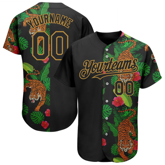 Custom Black Old Gold 3D Pattern Design Hawaii Tropical Tiger Authentic Baseball Jersey - Main View