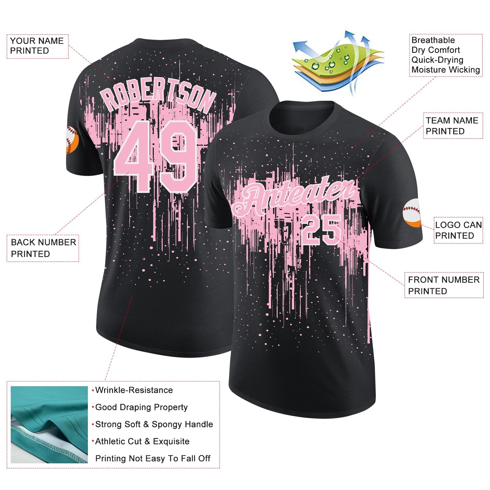 Custom Black Light Pink-White Dripping Splatter Paint Performance T-Shirt view 2