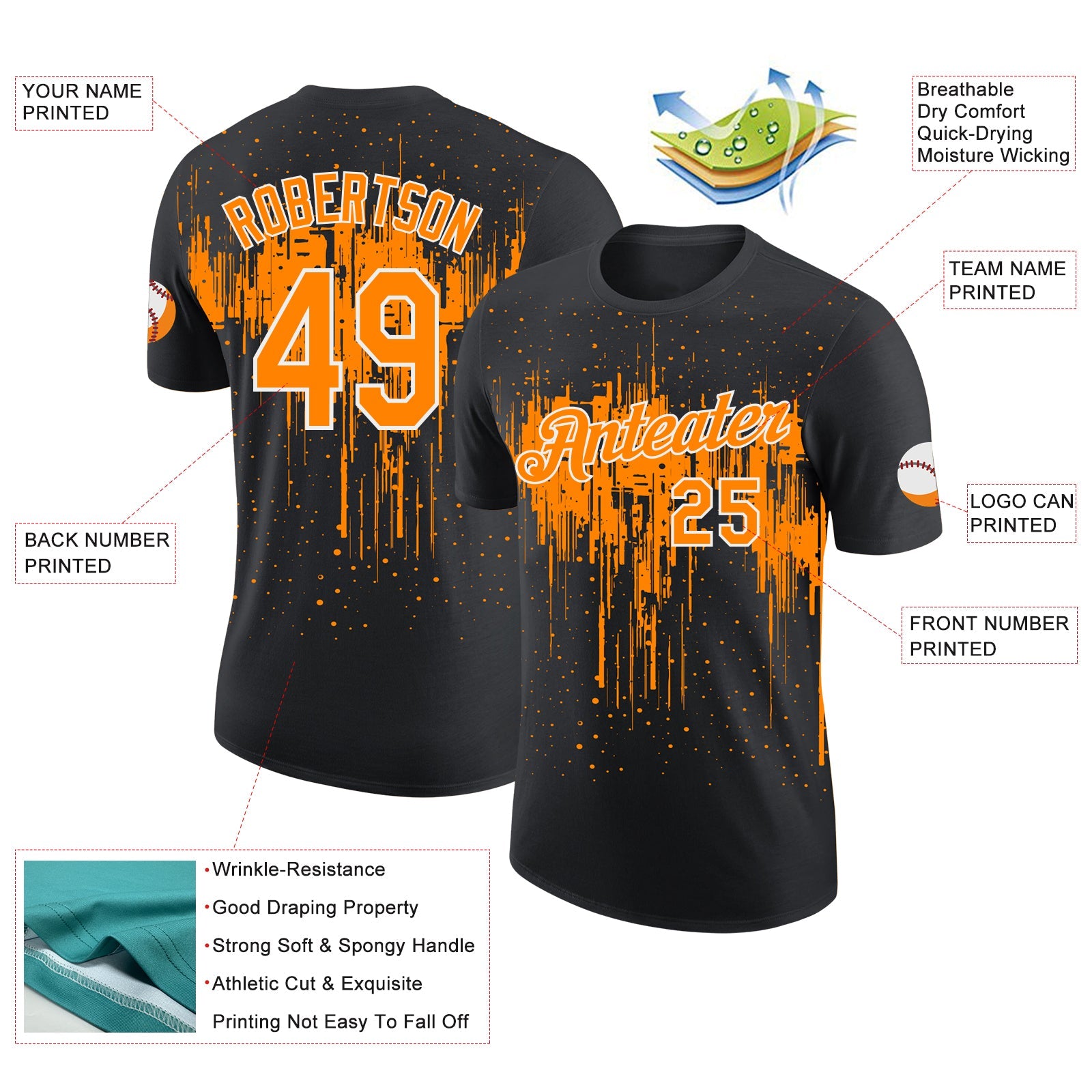 Custom Black Bay Orange-White Dripping Splatter Paint Performance T-Shirt view 2