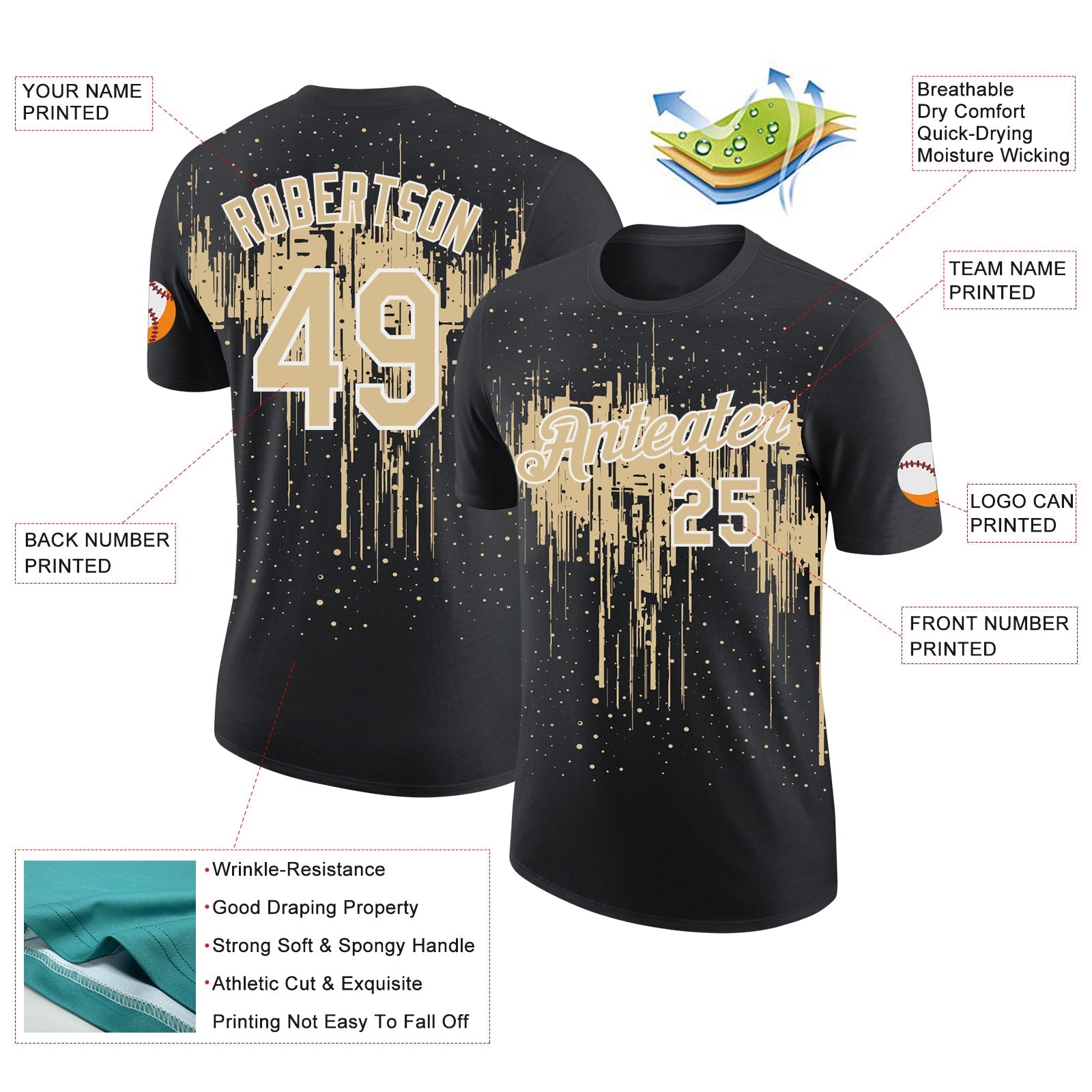 Custom Black Vegas Gold-White Dripping Splatter Paint Performance T-Shirt view 2