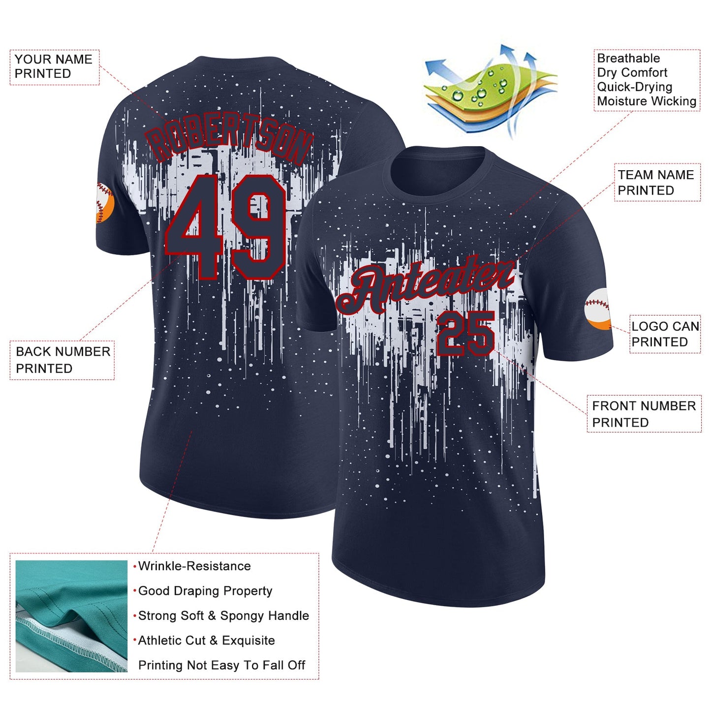 Custom Navy White-Red Dripping Splatter Paint Performance T-Shirt view 2