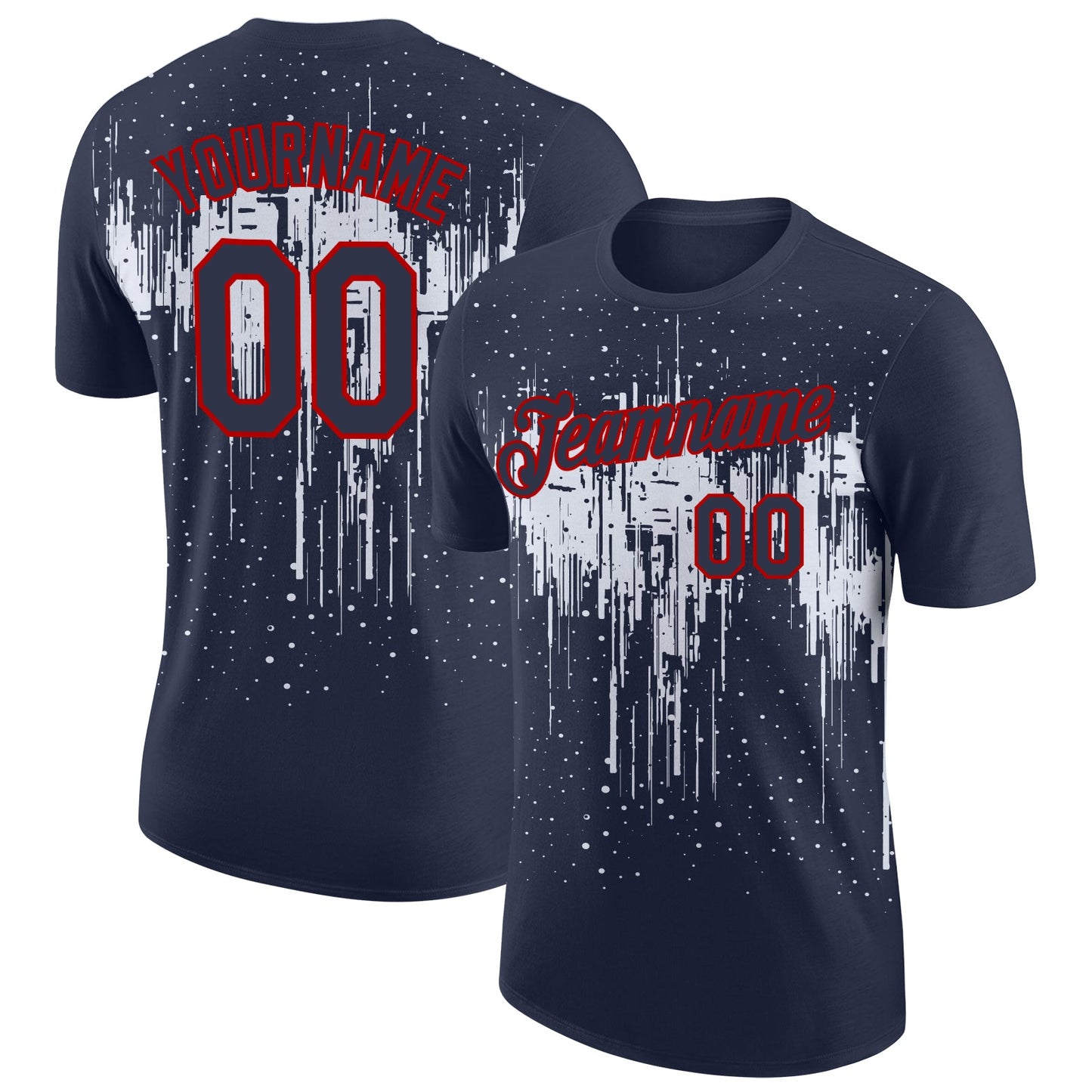 Custom Navy White-Red Dripping Splatter Paint Performance T-Shirt - Main View