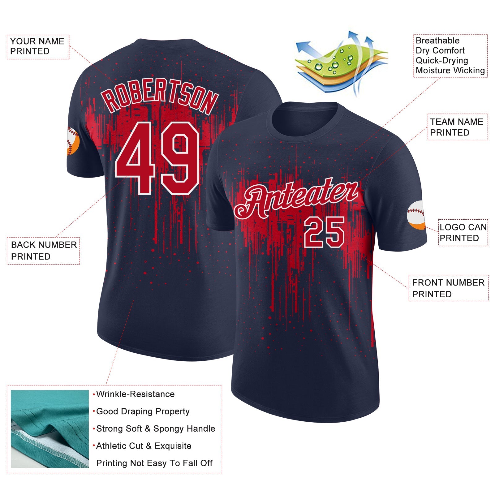 Custom Navy Red-White Dripping Splatter Paint Performance T-Shirt view 2