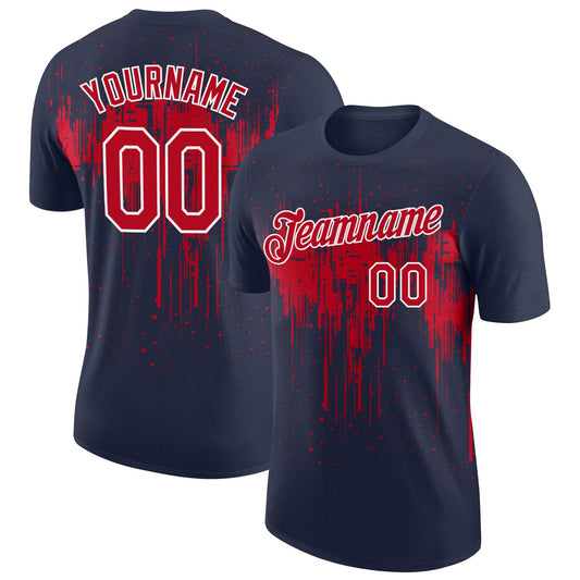 Custom Navy Red-White Dripping Splatter Paint Performance T-Shirt - Main View