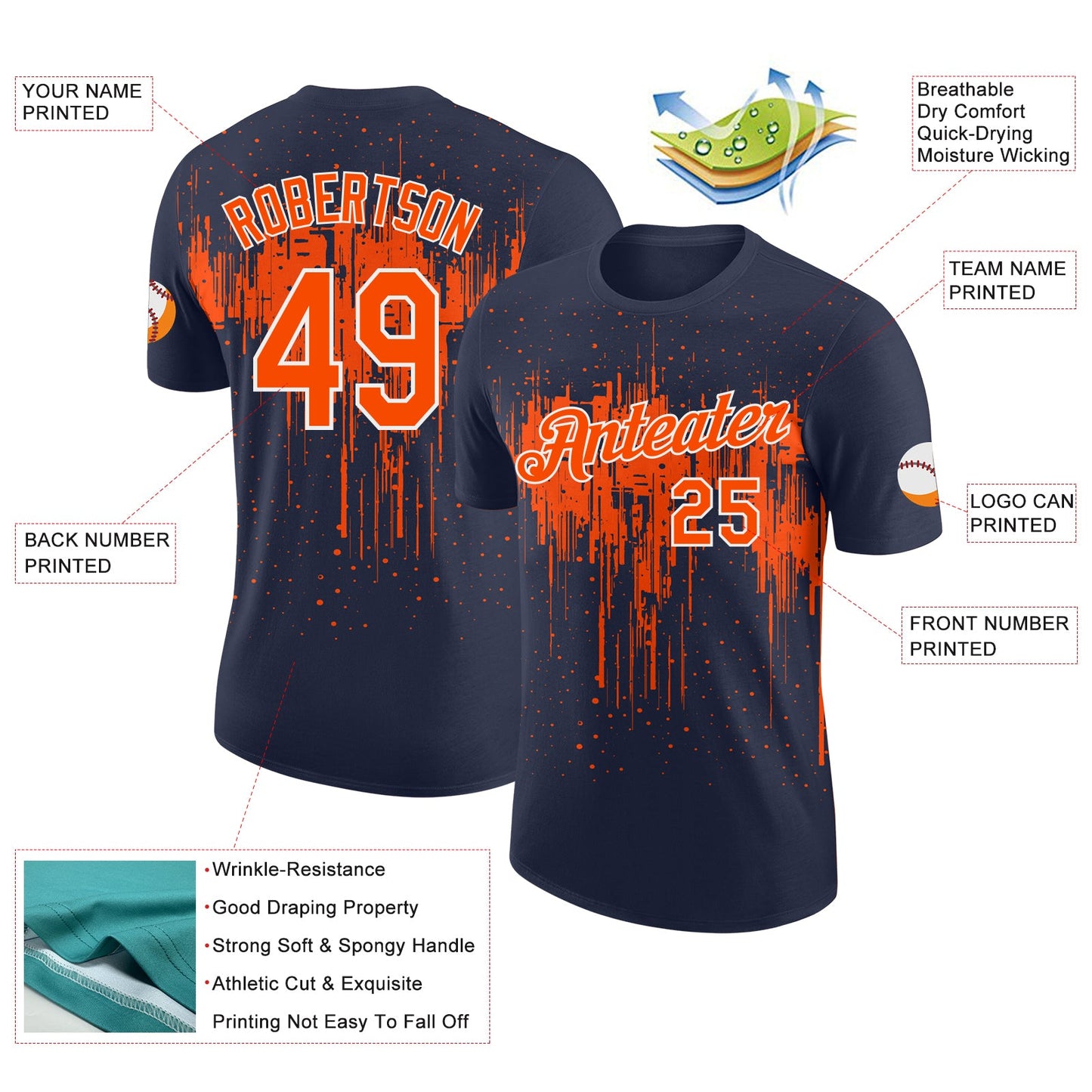 Custom Navy Orange-White Dripping Splatter Paint Performance T-Shirt view 2