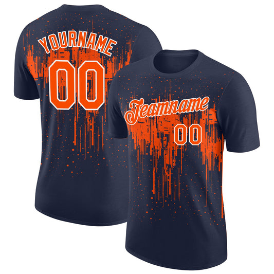 Custom Navy Orange-White Dripping Splatter Paint Performance T-Shirt - Main View