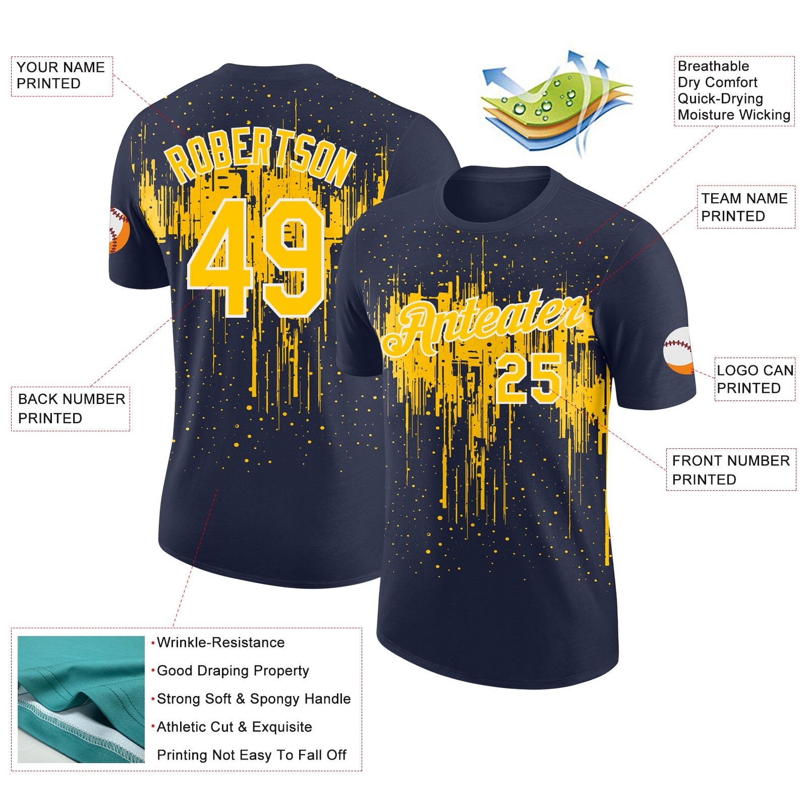 Custom Navy Yellow-White Dripping Splatter Paint Performance T-Shirt view 2