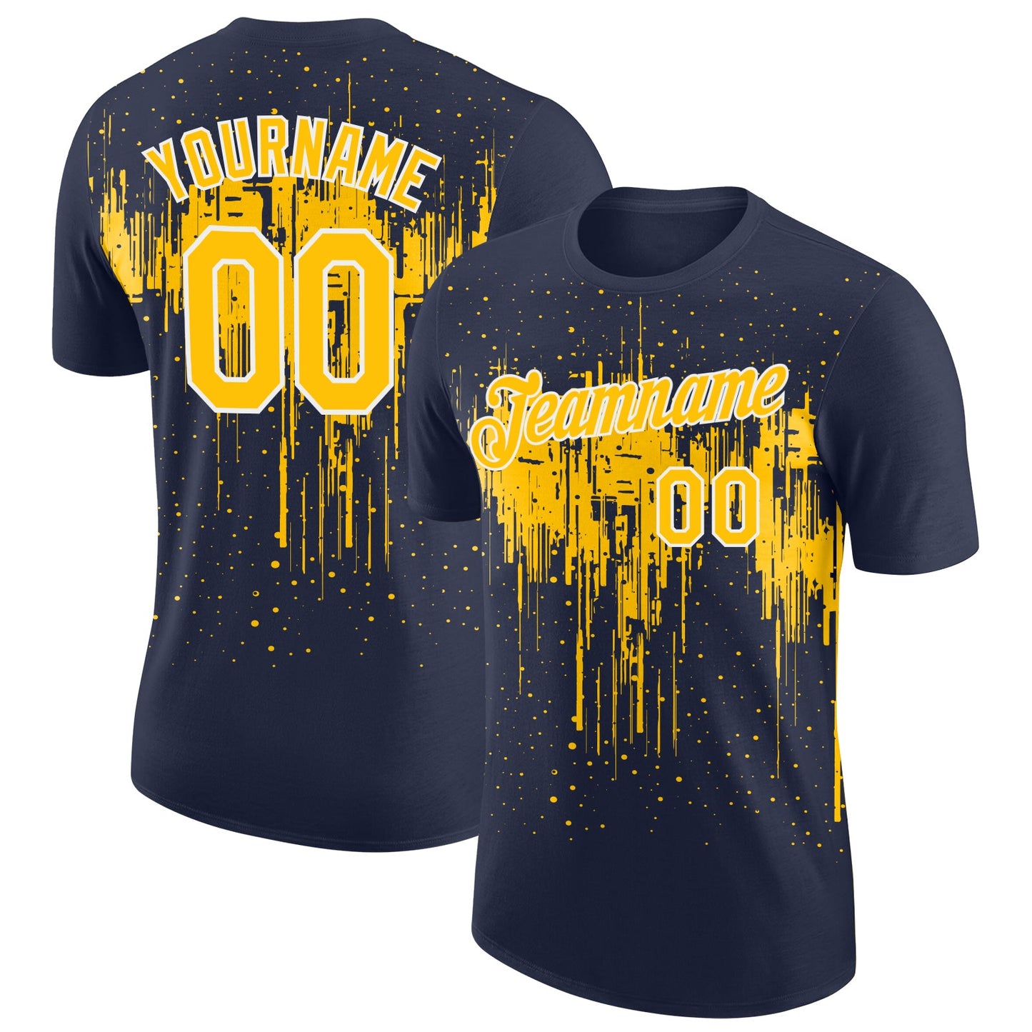 Custom Navy Yellow-White Dripping Splatter Paint Performance T-Shirt - Main View