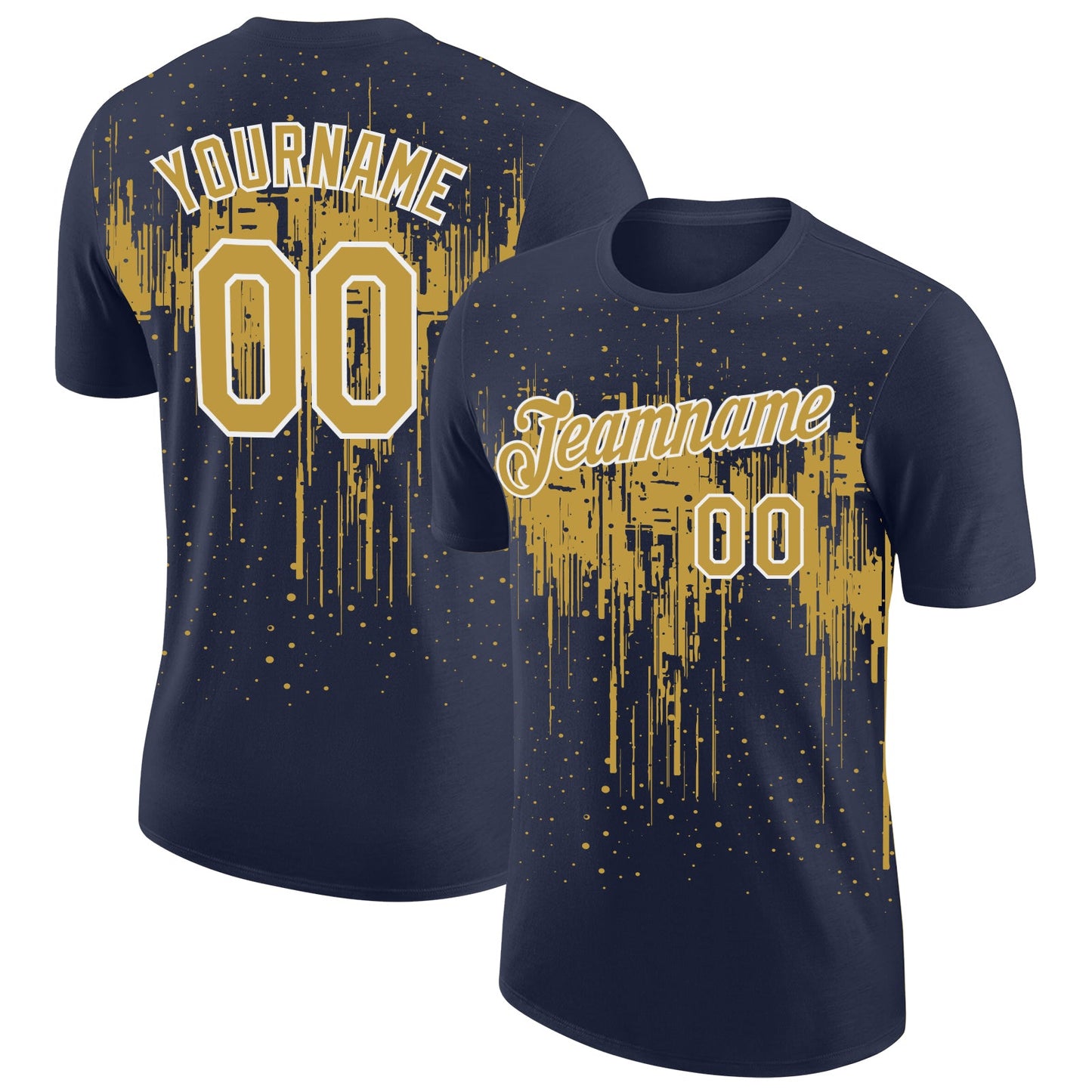 Custom Navy Old Gold-White Dripping Splatter Paint Performance T-Shirt - Main View