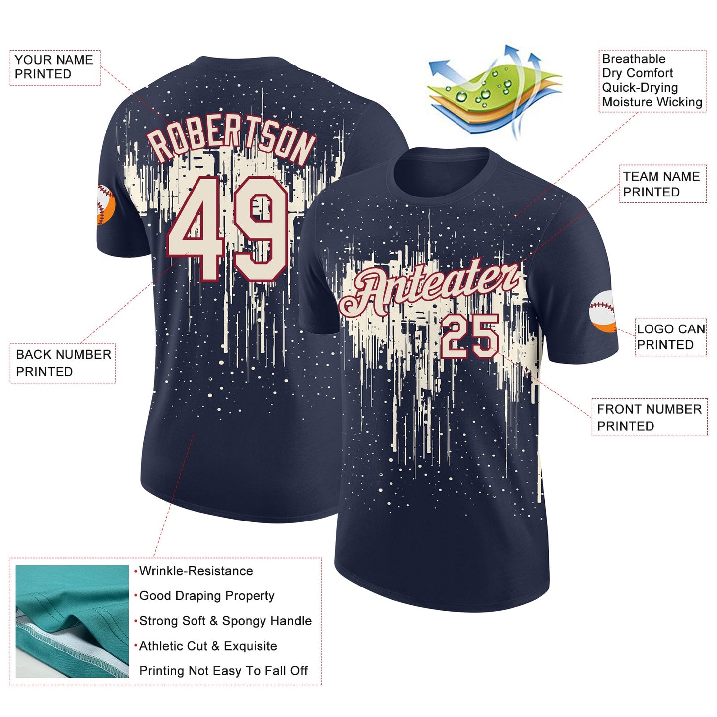 Custom Navy Cream-Crimson Dripping Splatter Paint Performance T-Shirt view 2