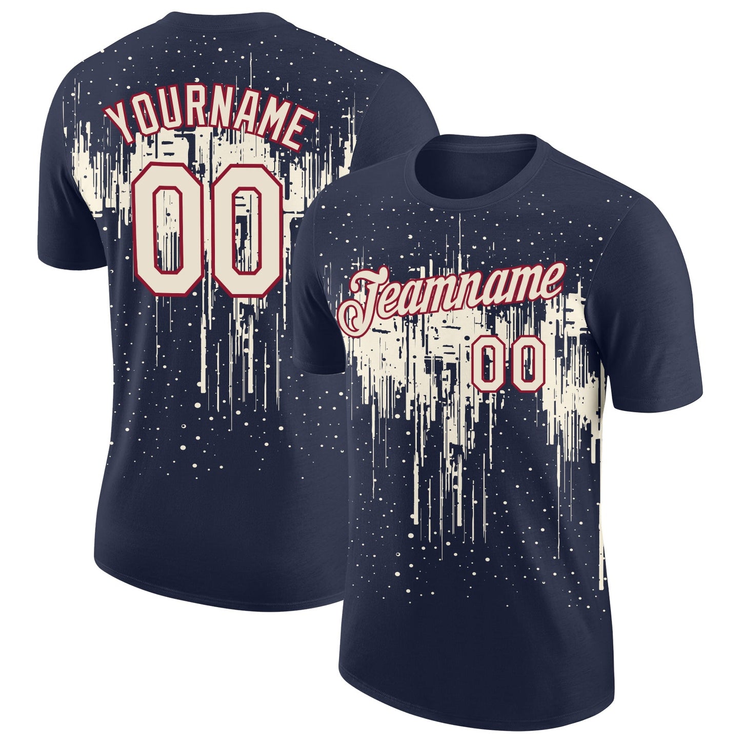 Custom Navy Cream-Crimson Dripping Splatter Paint Performance T-Shirt - Main View