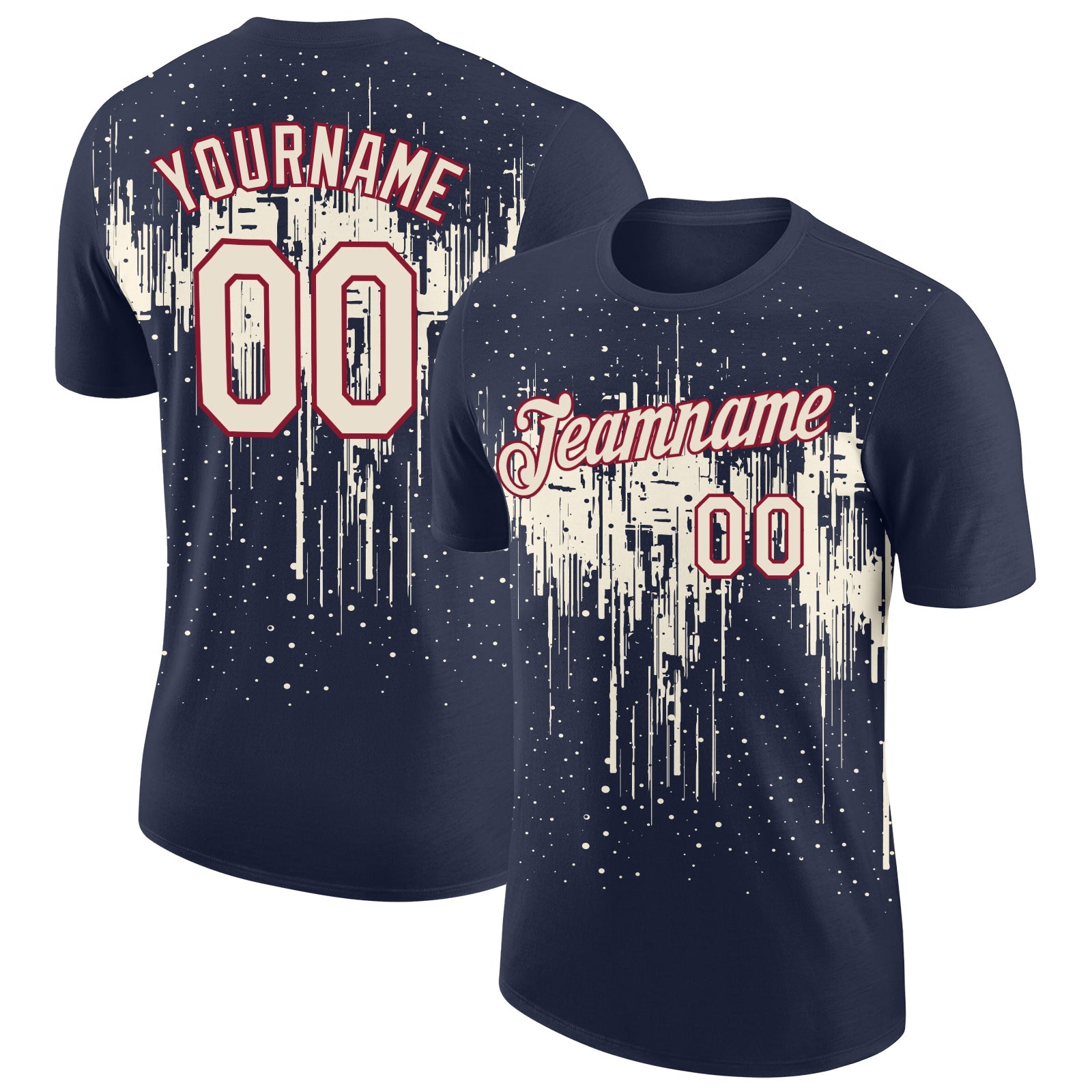 Custom Navy Cream-Crimson Dripping Splatter Paint Performance T-Shirt - Main View