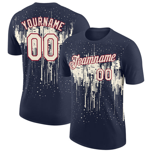 Custom Navy Cream-Crimson Dripping Splatter Paint Performance T-Shirt - Main View