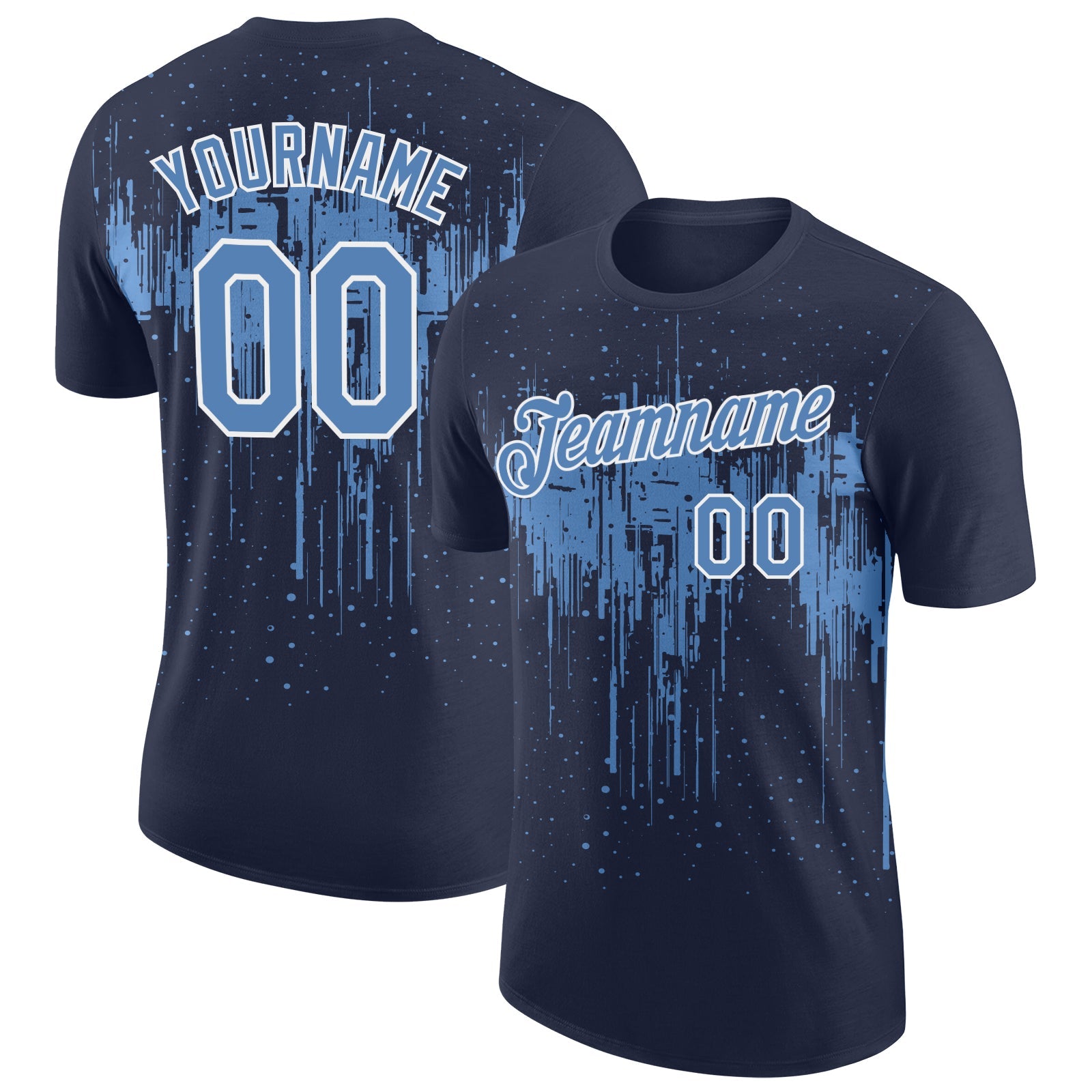 Custom Navy Light Blue-White Dripping Splatter Paint Performance T-Shirt - Main View
