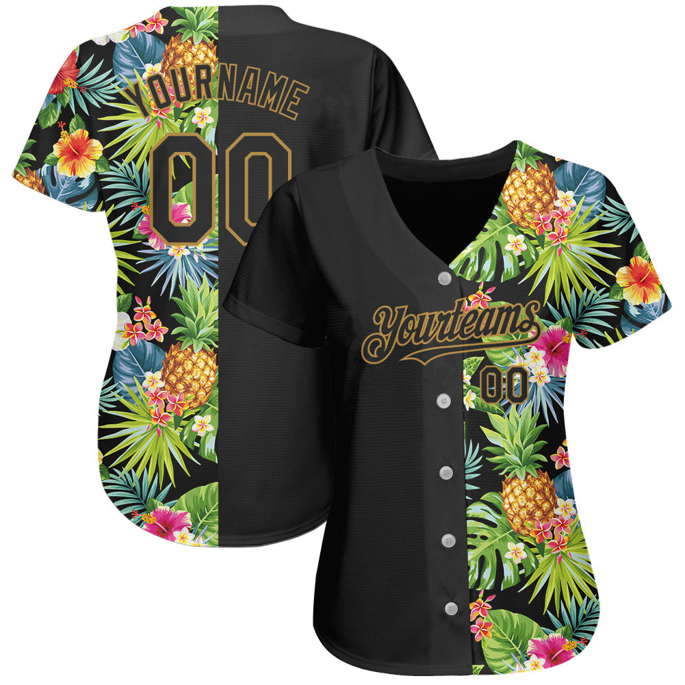 Custom Black Old Gold 3D Pattern Design Hawaii Tropical Pineapples, Palm Leaves And Flowers Authentic Baseball Jersey view 2