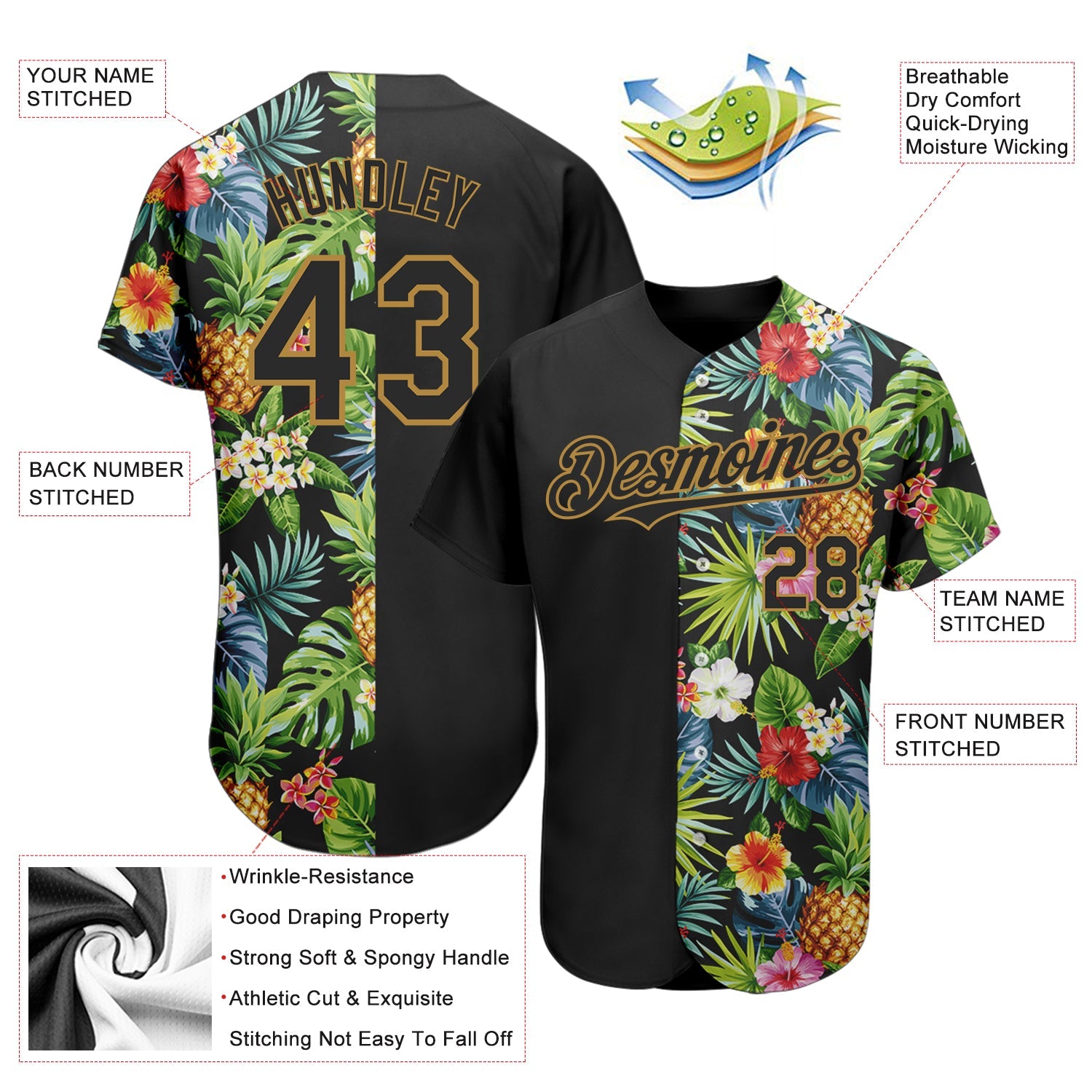 Custom Black Old Gold 3D Pattern Design Hawaii Tropical Pineapples, Palm Leaves And Flowers Authentic Baseball Jersey view 3
