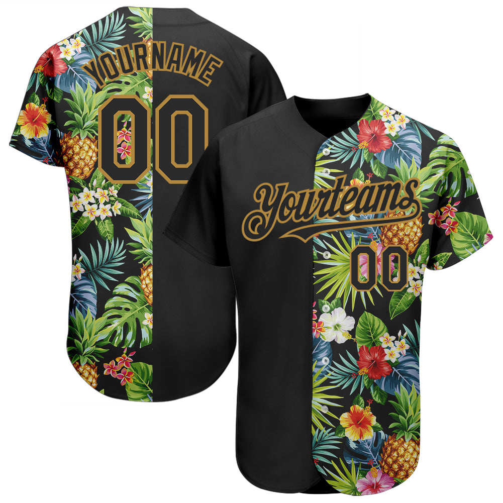 Custom Black Old Gold 3D Pattern Design Hawaii Tropical Pineapples, Palm Leaves And Flowers Authentic Baseball Jersey - Main View