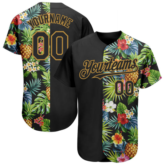 Custom Black Old Gold 3D Pattern Design Hawaii Tropical Pineapples, Palm Leaves And Flowers Authentic Baseball Jersey - Main View