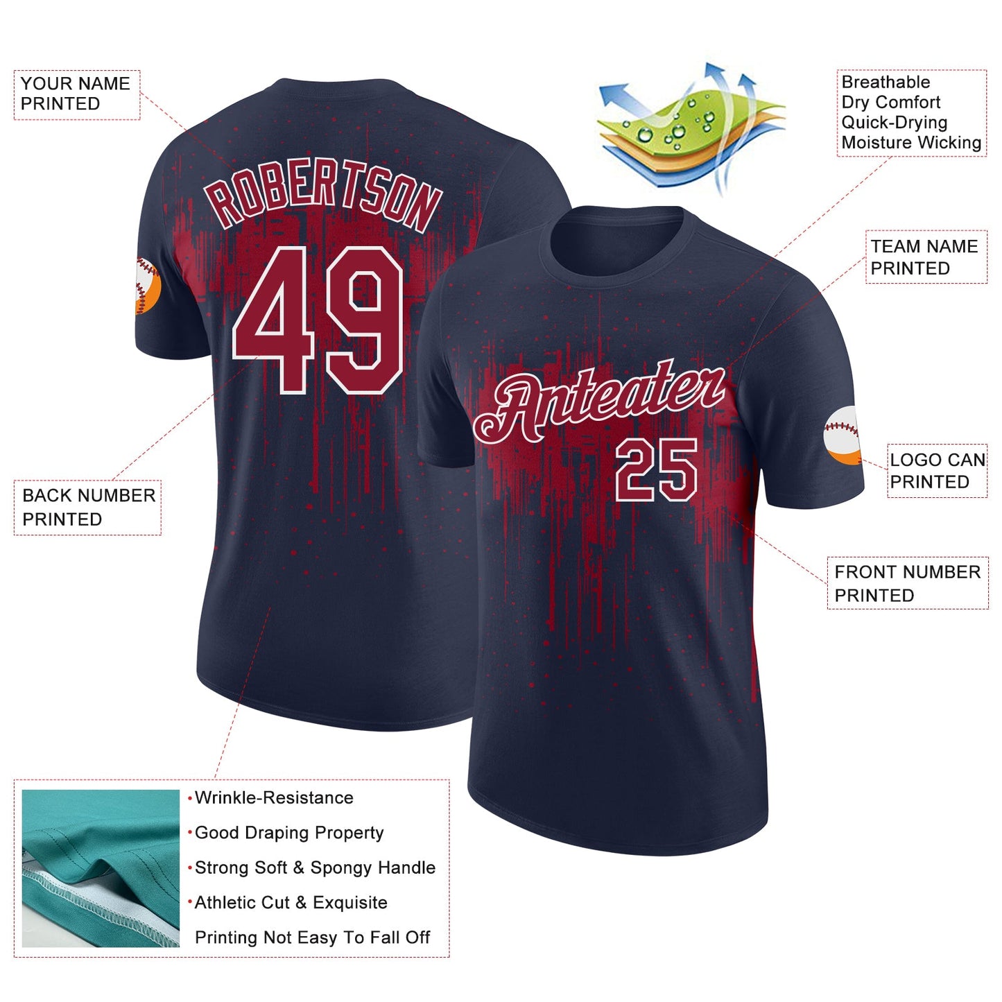 Custom Navy Crimson-White Dripping Splatter Paint Performance T-Shirt view 2
