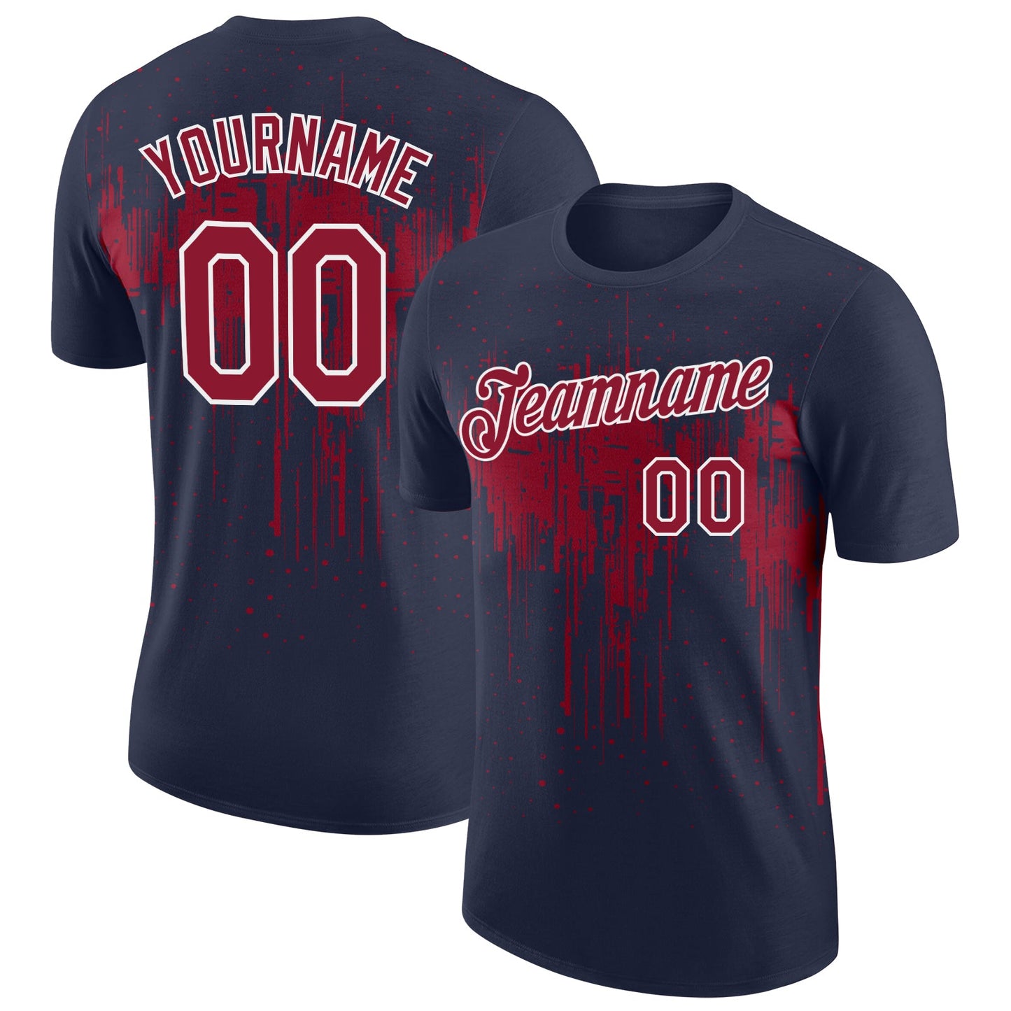 Custom Navy Crimson-White Dripping Splatter Paint Performance T-Shirt - Main View